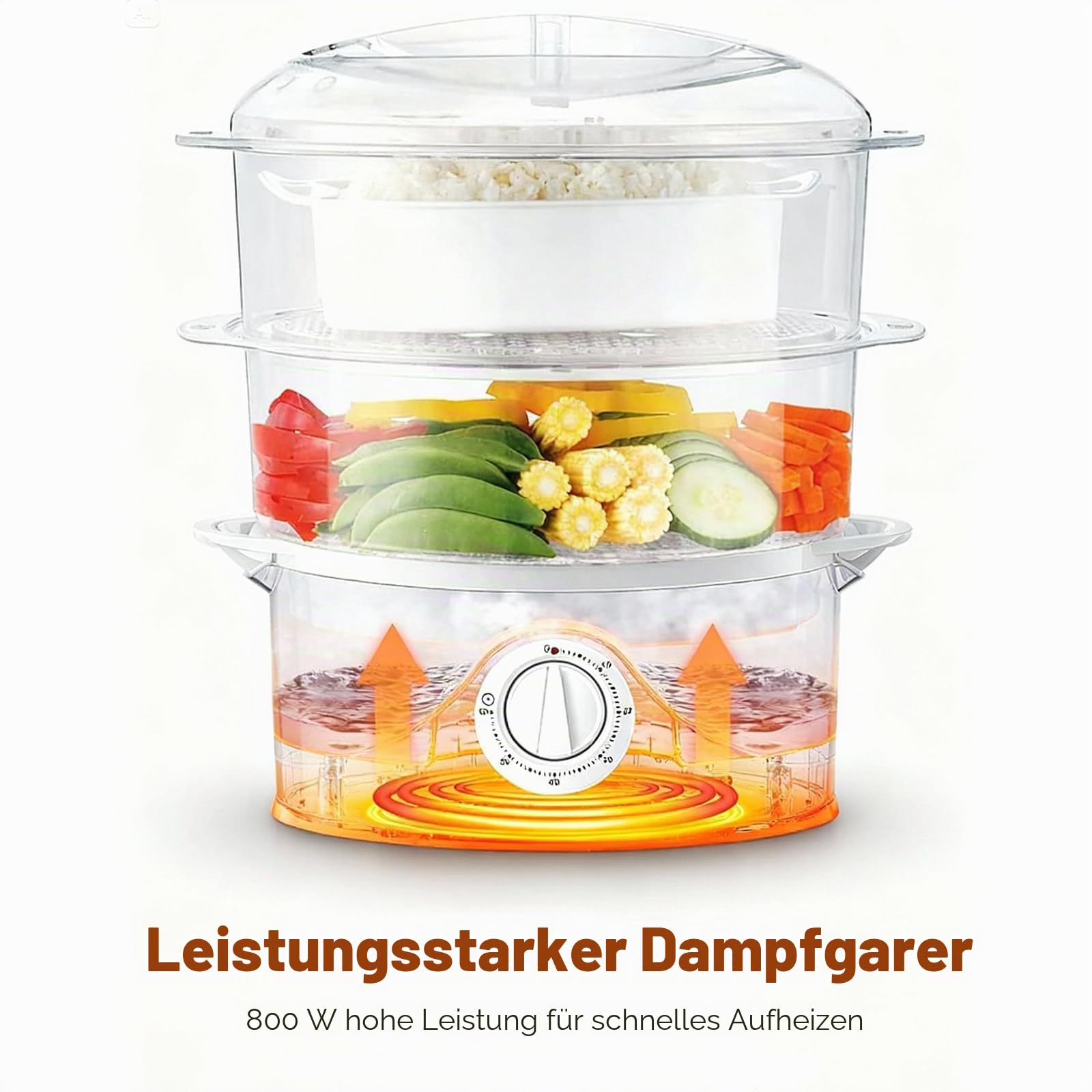 Aigostar Dampfgarer mit Timer 9L, 3-Etagen Stapelkörbe (800W, BPA frei) .EINWEGVERPACKUNG