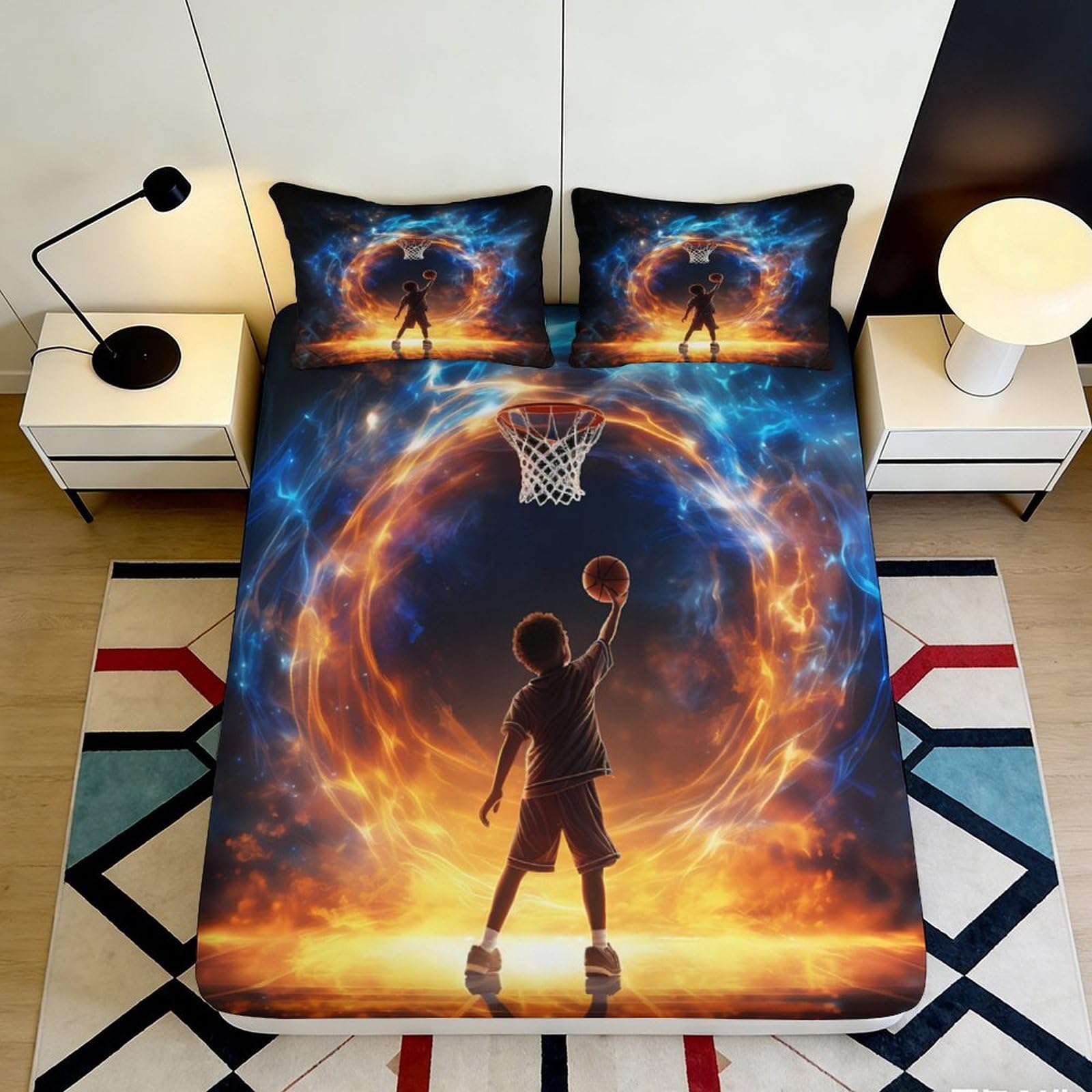3D Printed Basketball Flame Fitted Sheet Microfiber Soft Anti-Slip Fire Hoop Bed Cover for Bedroom Dorm Easy Care Decor 140x200x25cm