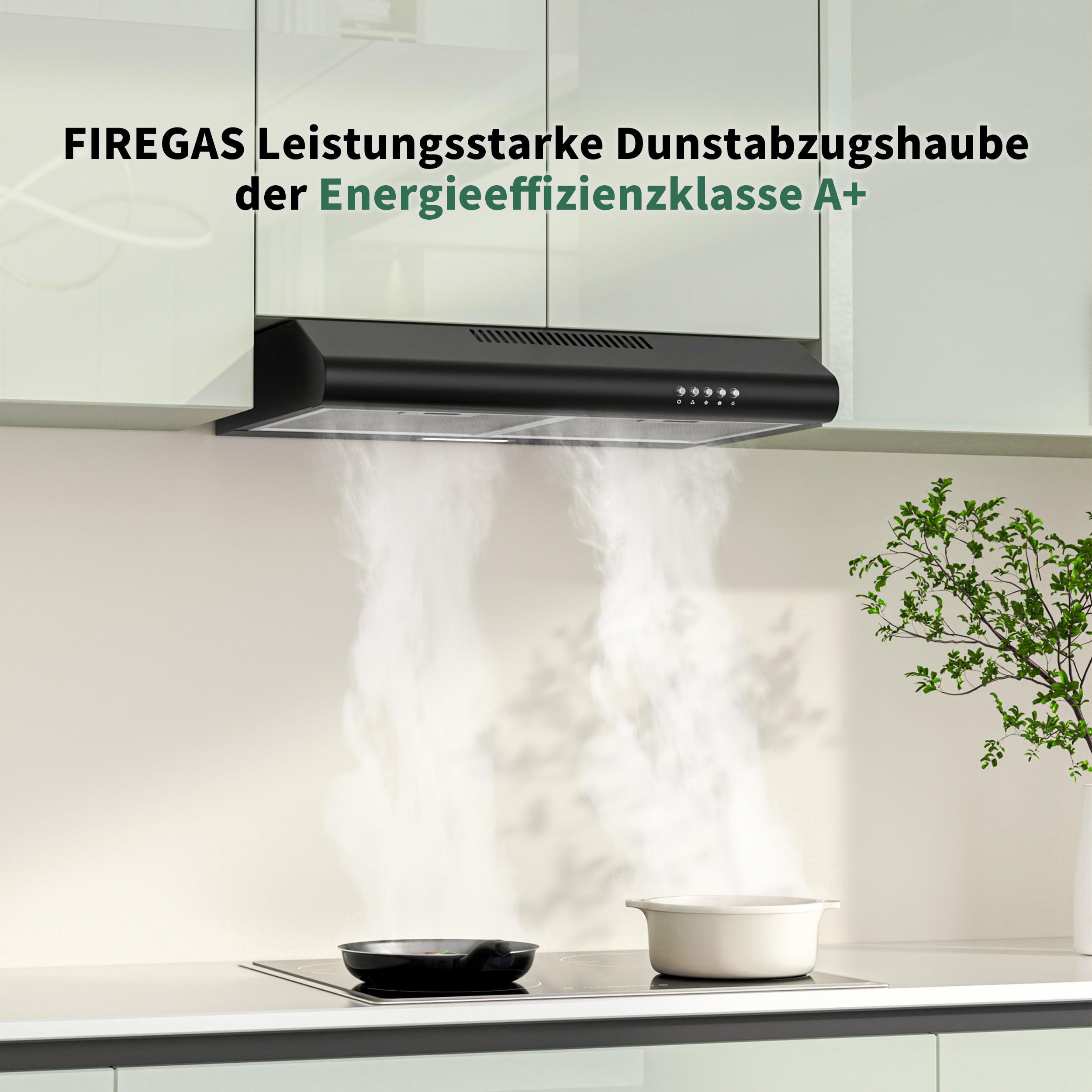 FIREGAS Dunstabzugshaube 60 cm, Umluft- und Abluftbetrieb, 250 m³/h, 3 Leistungsstufen, inkl. Kohlefilter, LED-Beleuchtung, Schwarz