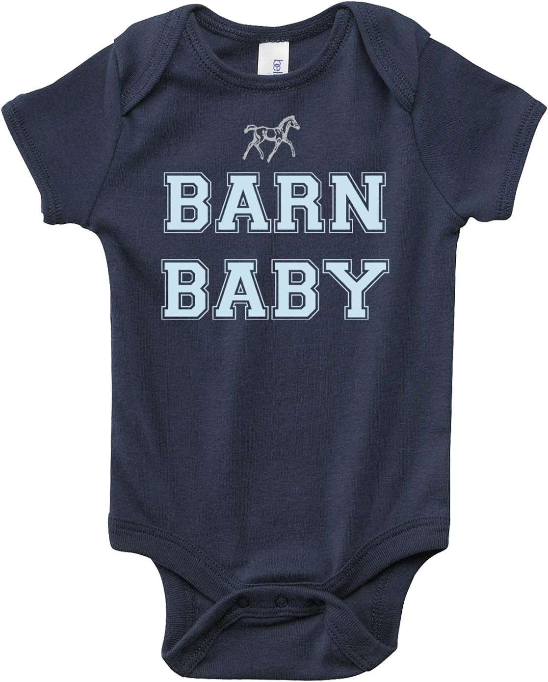 Equestrian Creations Barn Baby Horse Onesie, Navy Blue with Light Blue Lettering for Infant Boys - Pony Lover Bodysuit Gift