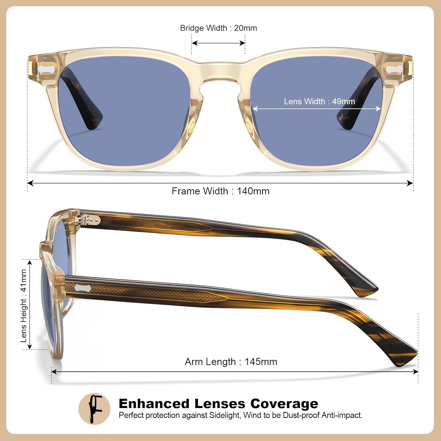 CARFIA Modern Retro Small Face Polarized Sunglasses for Men Classic Square Hand-crafted Acetate Frame CA2132