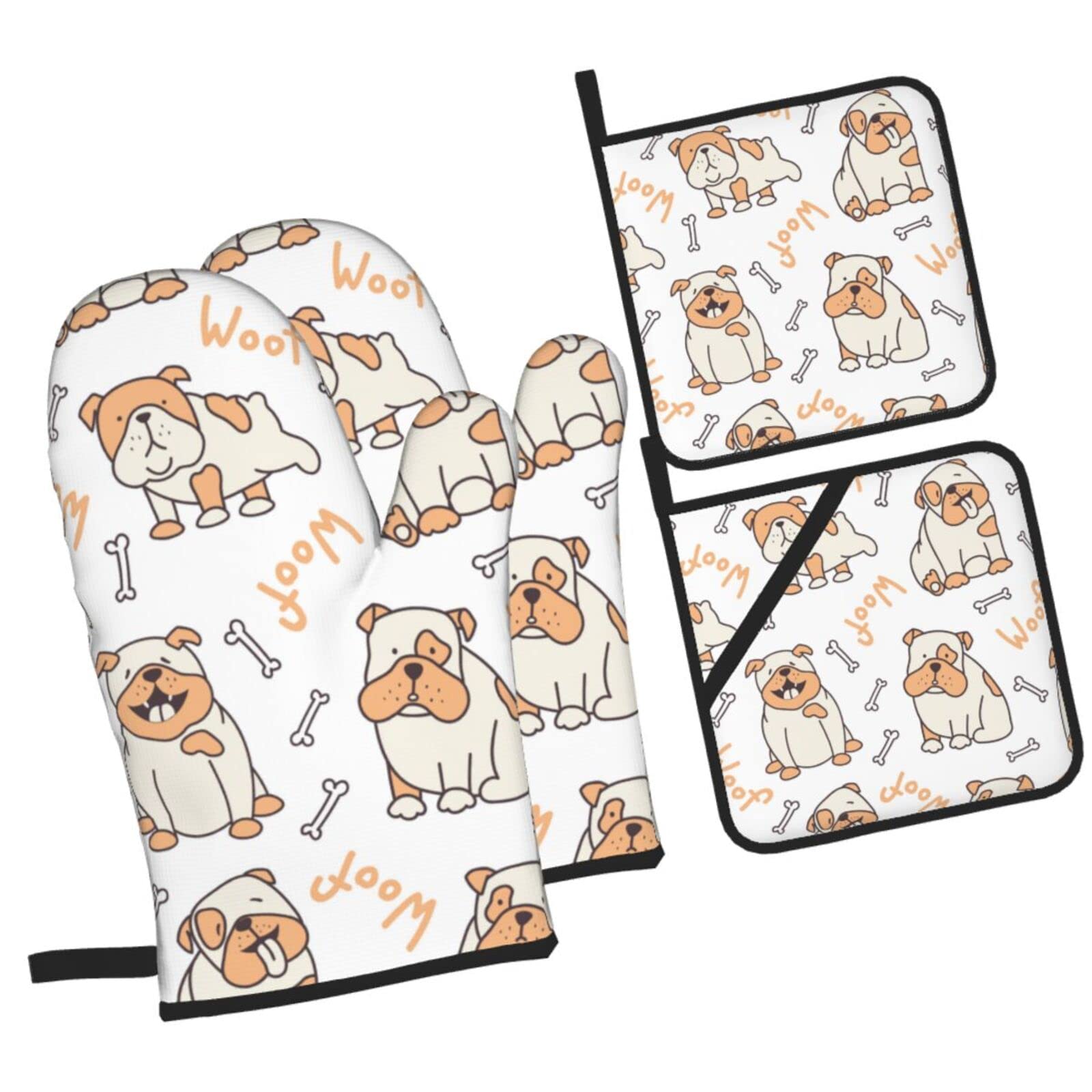 Vertical Bulldog Pattern Oven Mitts and Pot Holders Sets, Christmas Oven Mitt Kitchen Heat Resistant Non-Slip Pot Holders Set for Cooking Baking BBQ