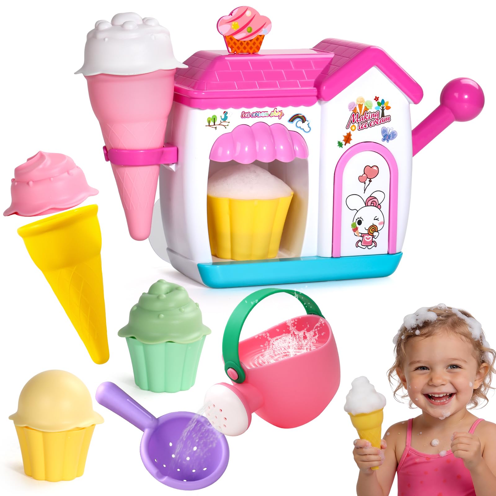 Bath Toys for Kids Ages 4-8 3-5 Toddler Bath Toys Bathtub Ice Cream Foam Maker Bubble Pretend Cake Play Set Birthday Gifts for 2-4 5 6 Year Old Girls Boys
