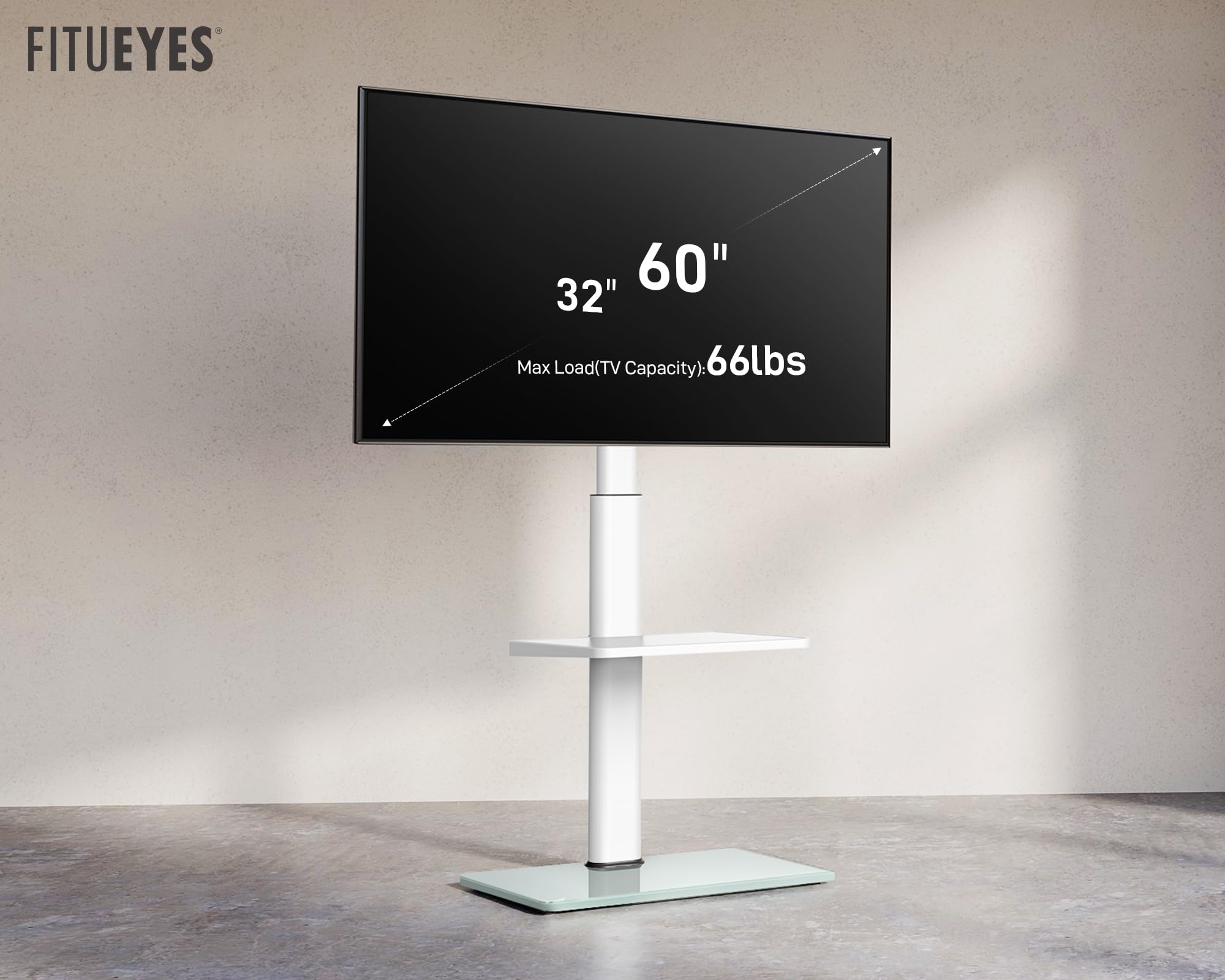 FITUEYES Supporto TV da Pavimento per 32-60 Pollici, 70° Girevole e 8 Altezza Mobile Porta TV da Terra con Ripiano & Base in 8 mm Vetro Temperato, Max VESA 600x400mm (Bianco)