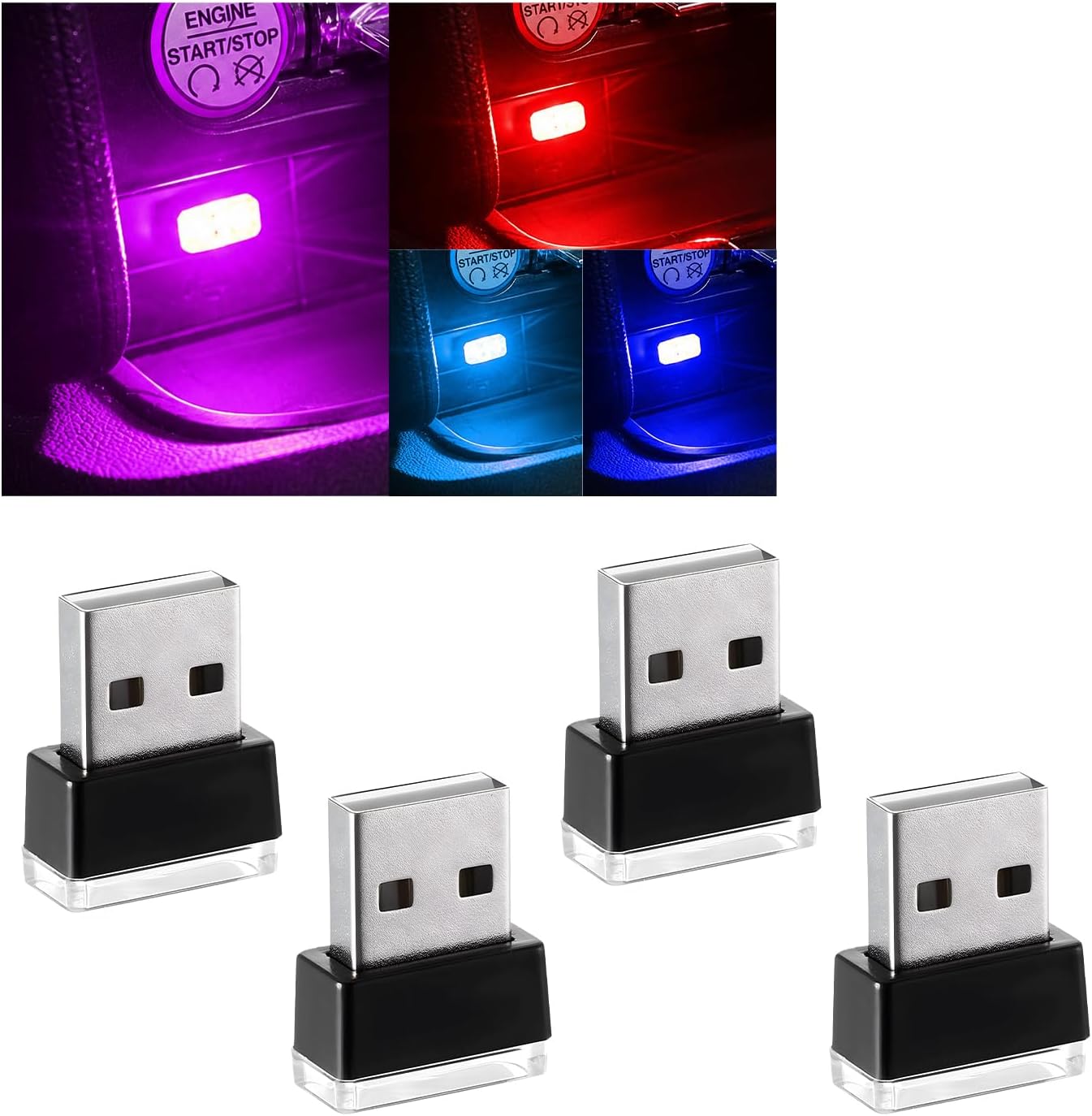 4 PCS USB LED Car Interior Atmosphere Lamp, Plug-in USB Decor Night Light, Portable Auto Ambient Lighting Kit, Universal Vehicle Interior Accessories for Most Cars (Blue+Ice Blue+Red+Purple)