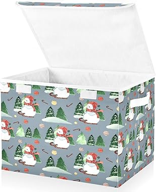 Kigai Christmas Balls Snowman Storage Basket with Lid Collapsible Storage Bin Fabric Box Closet Organizer for Home Bedroom Of