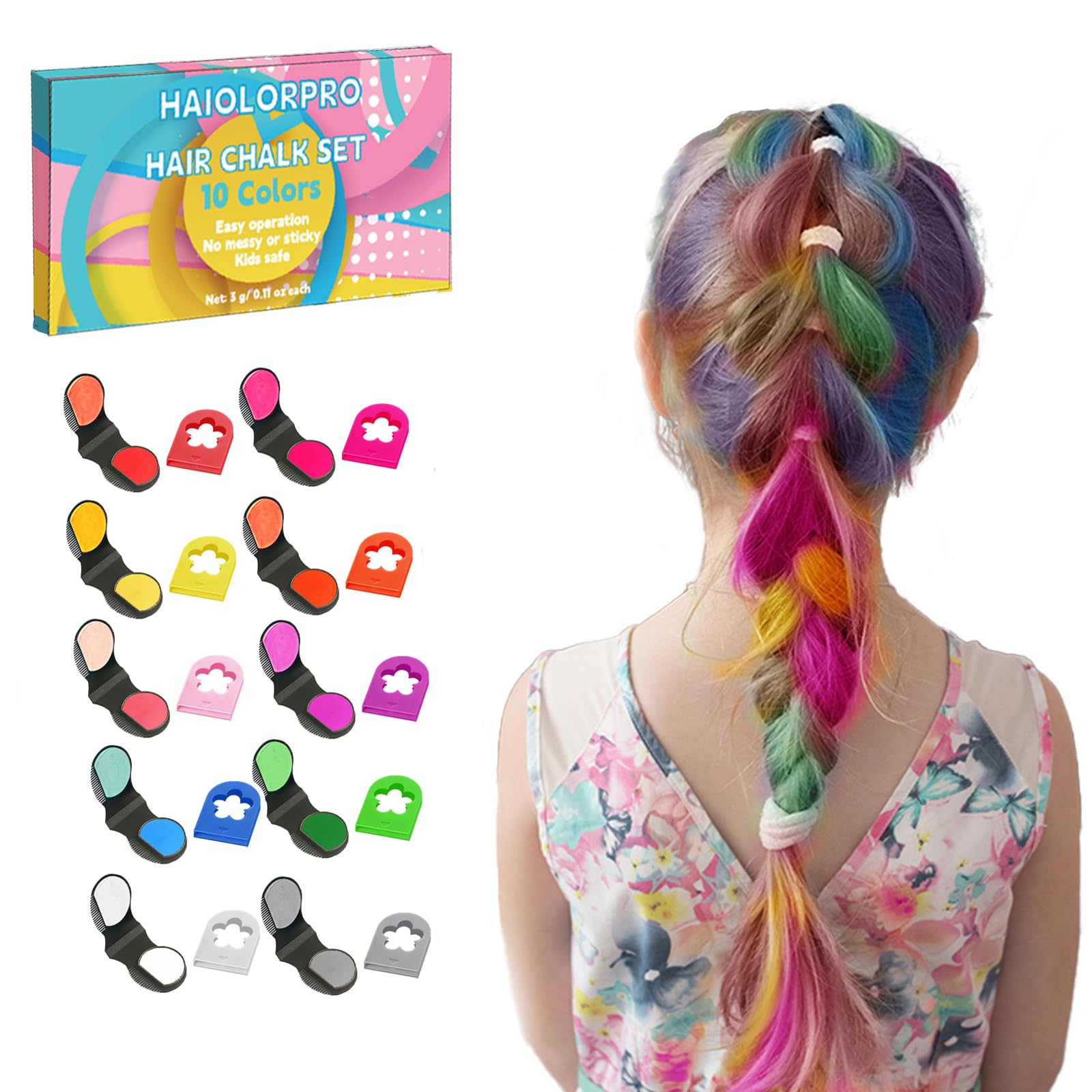 HAIOLORPRO 10PCS Hair Chalk for Girls, Temporary Hair Color Washable, Temporary Hair Dye for Kids Women Men, Gifts for Teenage Girls, Gifts for 6-10 Year Old Girl 0.11 Ounce (Pack of 10)