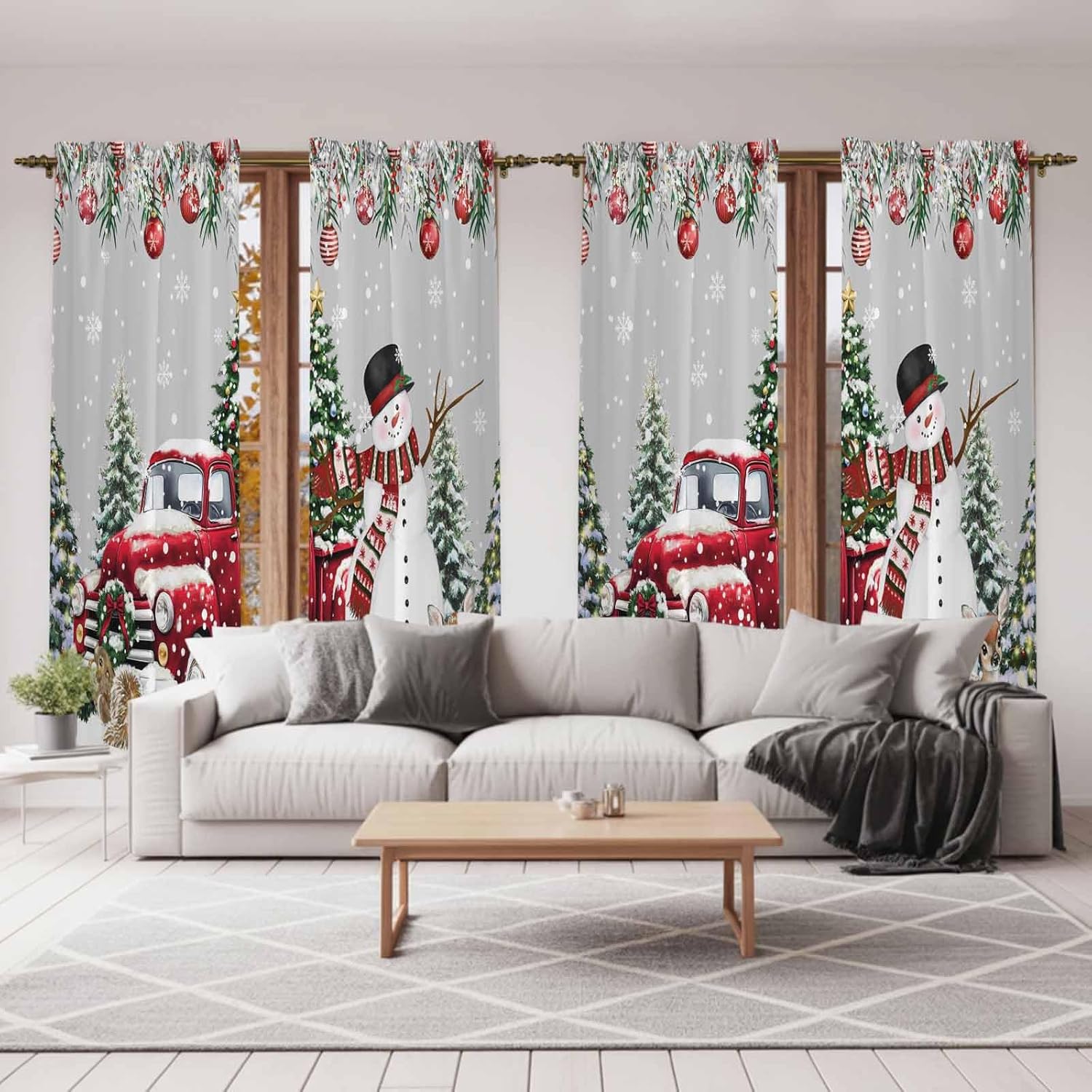 Grey Christmas Window Curtains 72 Inch Long 2 Panel Set, Rod Pocket Long Curtains & Drapes, Snowman Xmas Truck Balls Tree Light Filtering Window Treatment for Bedroom Living Room 52"W x 72"L