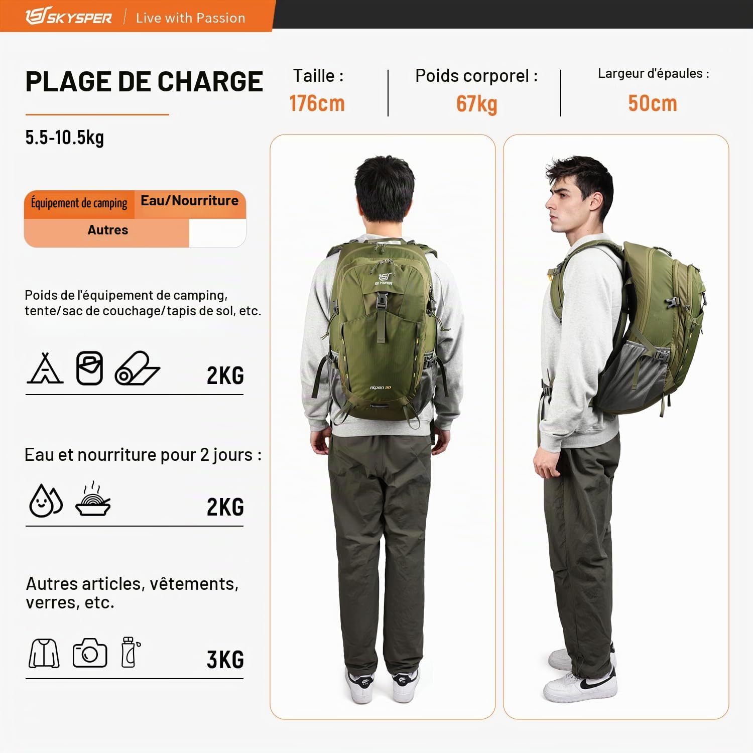 SKYSPER Sac à dos de randonnée 30L Sac à dos de trekking | avec housse de pluie, ventilation du dos, dos en mesh, ceinture ventrale Daypack pour excursions outdoor, randonnée