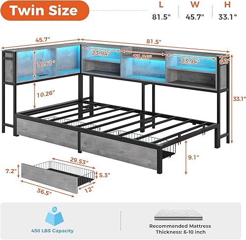 Miniatura 3 de DICTAC Marco de cama esquinero de tamaño individual con cabecera de almacenamiento y luces LED, base de cama esquinera de plataforma de metal de