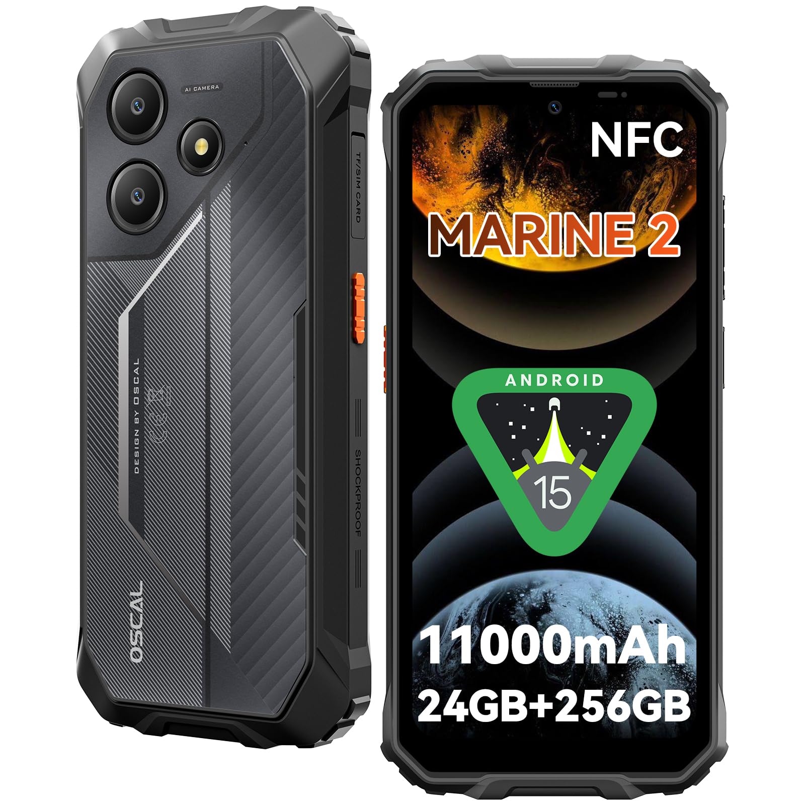 OSCAL MARINE 2 Rugged Smartphone 2025, 11000mAh 24GB+256GB/2TB Android 15 Telefono Indistruttibile, 6.56" HD+ 90Hz Rugged Phone, 16MP AI Cam, IP68/IP69K/Dual SIM/NFC/Face ID/OTG/GPS, Garanzia a vita