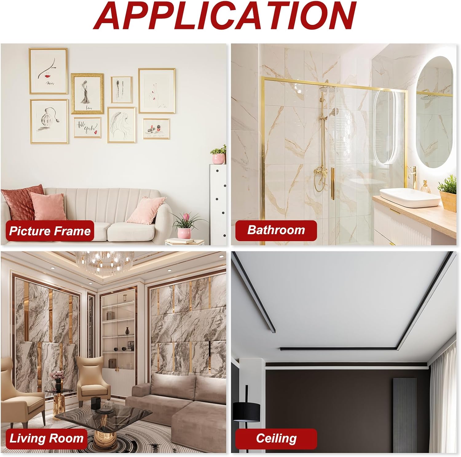 MECCANIXITY Gold Trim Peel and Stick, Self Adhesive Mirror Trim Border 32.8ft x 2" Stainless Steel Mirror Finish Molding Tape Strips for Wall Cabinet Tile Edge Molding