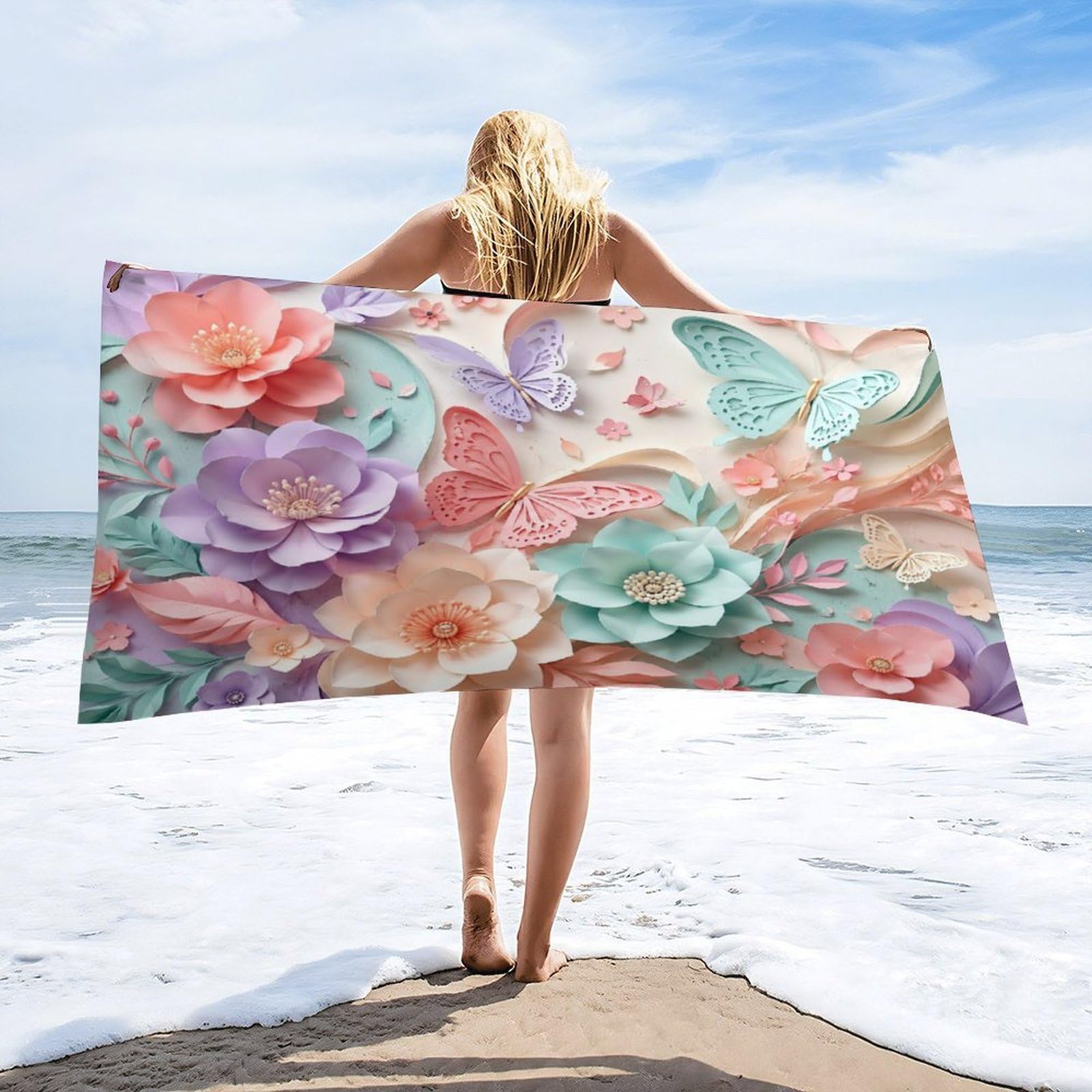 Anceky Floral Butterflies Paper Beach Towel 32"×63",Soft Microfiber Bath Towel Shawl, Quick Dry Absorbent Pool Spa Gym Shower Towel