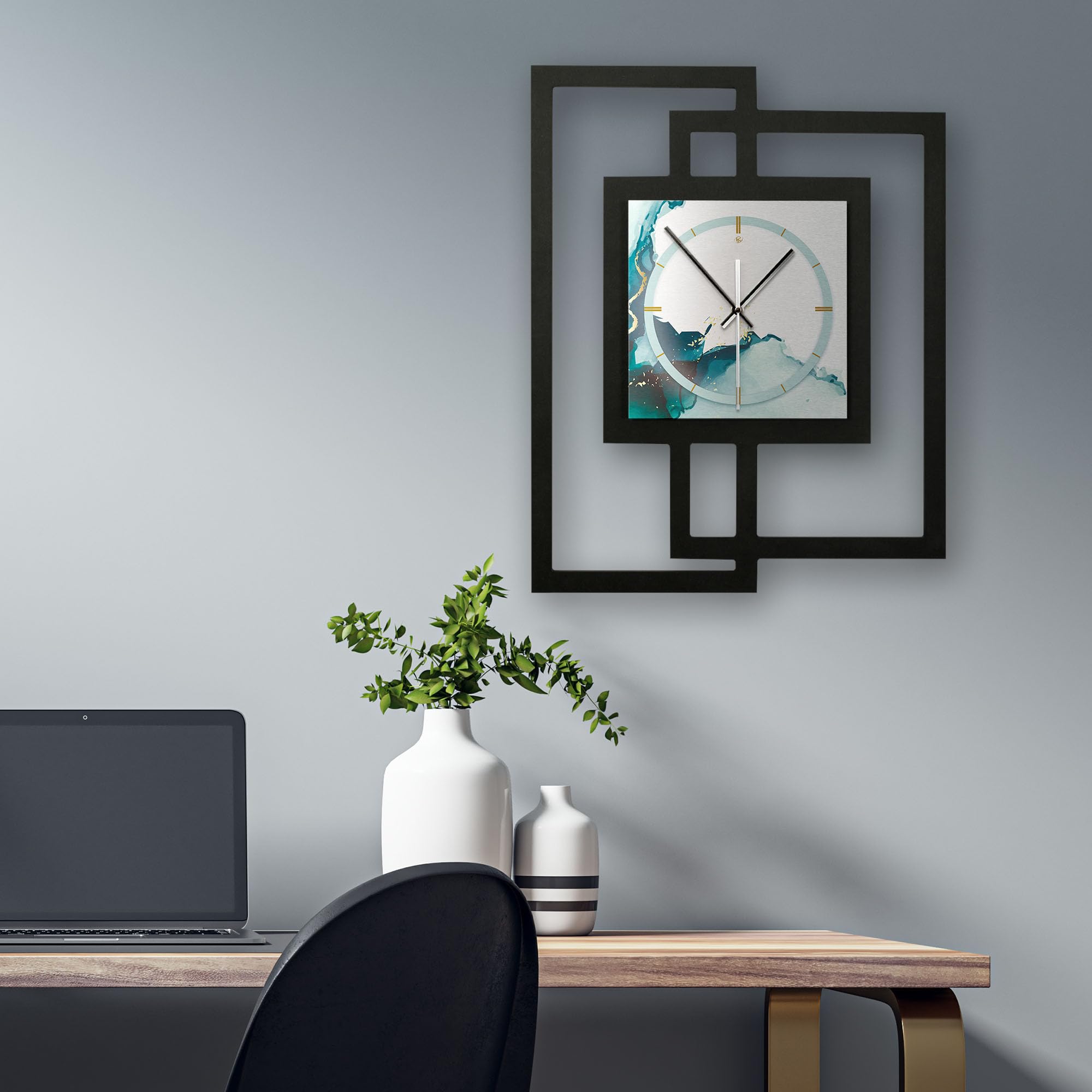 Kreative Feder Designer wandklok Turquoise in moderne metallic look zonder tikkende geluiden (turquoise, stil radiouurwerk