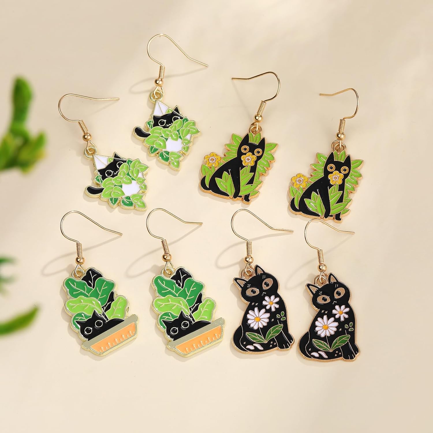 Cute Cat Earrings for Women Flower Dangle Earrings for Cat Lover Jewelry Gifts (black) - Image 5