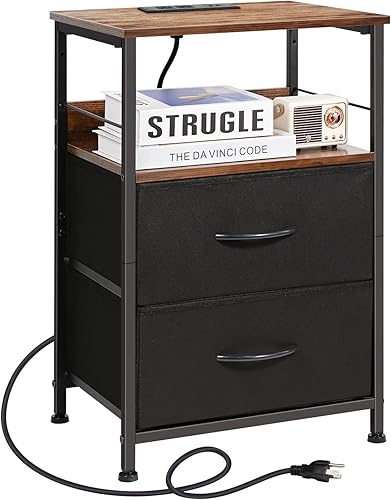 Ollieroo Mesita de noche con estación de carga, mesa auxiliar con 2 cajones de tela y estante de almacenamiento, mesita de noche pequeña para sala