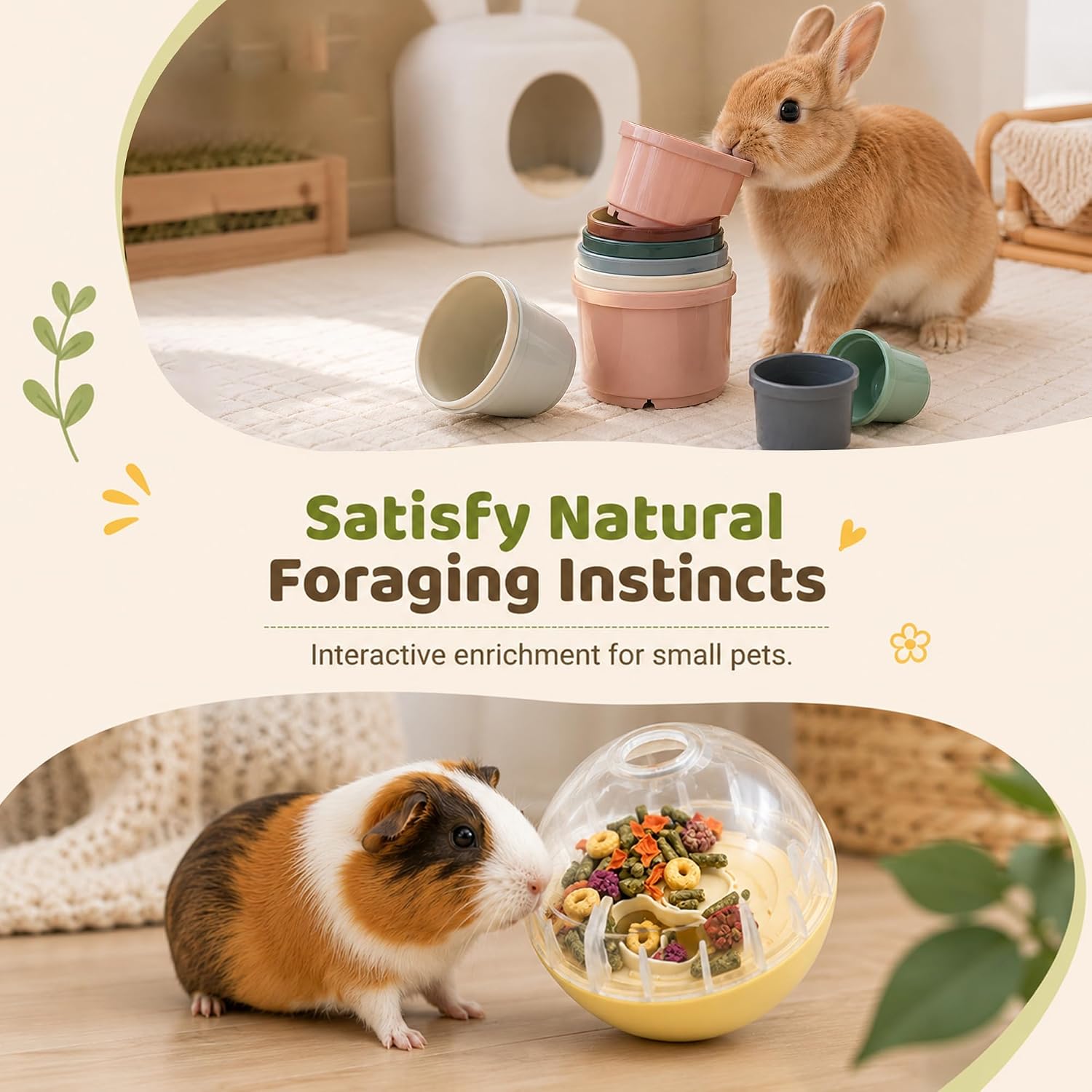 Rabbit Enrichment and Sniffing Toy set,Interactive Bunny Treat Ball & Bunny Stacking Cups toys for Guinea Pig Rabbit and Small Animal, Bunny ToyTreat Dispensing Slow toys for bunnies boredom 2PC