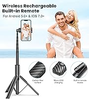 Vista 7 de TONEOF Trípode selfie stick de 60 pulgadas para video, soporte extensible todo en 1 para teléfono celular con control remoto integrado, trípode