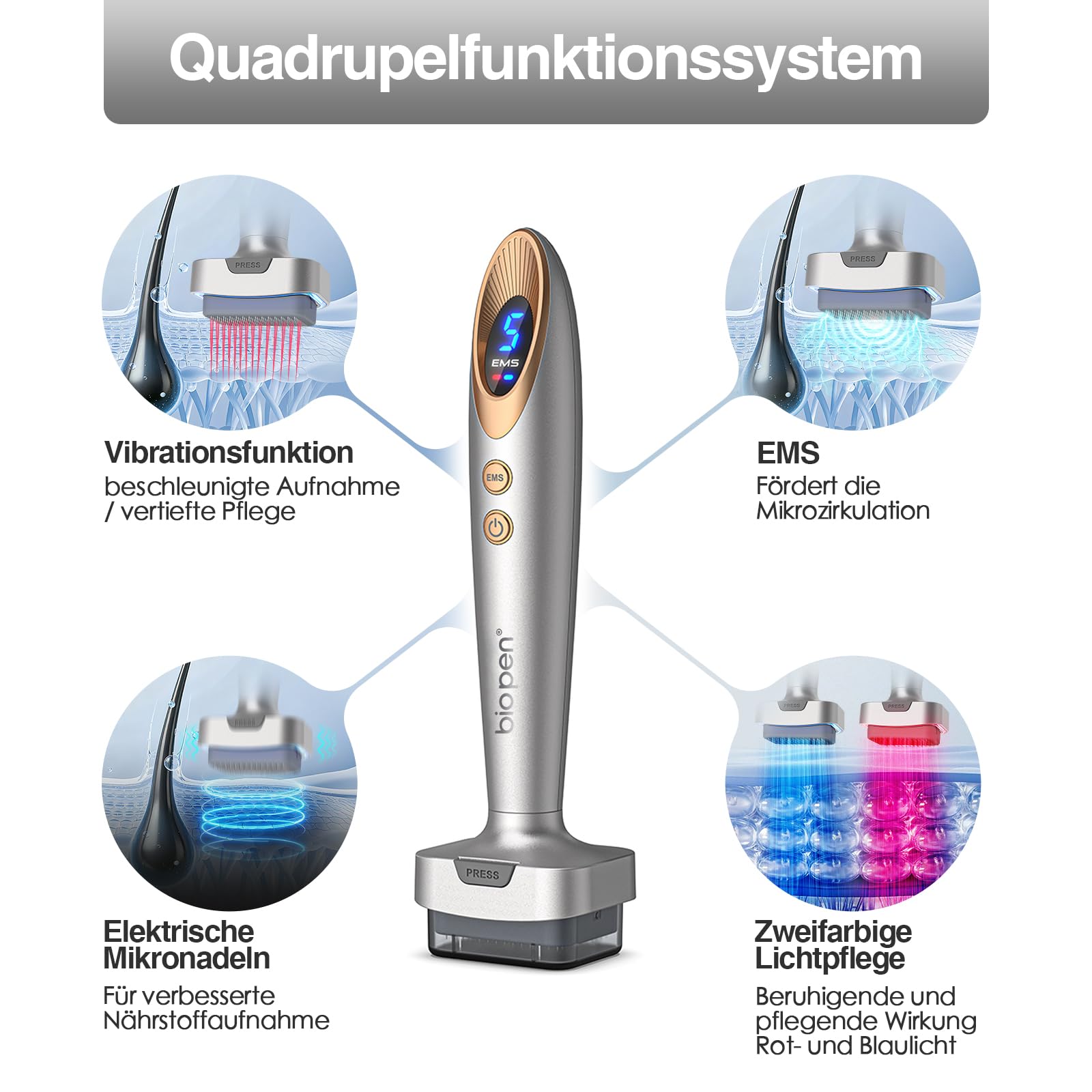 bio 6 Derma Stamp Elektrisch Upgrade 2026 | 4-in-1 Dermastamp Microneedling für Gesicht & Kopfhaut, 140 Pins, Rot & Blau LED Lichtpflege, sanfte Massage | inkl. 2 Aufsätze: 0,5 mm(Graugold)
