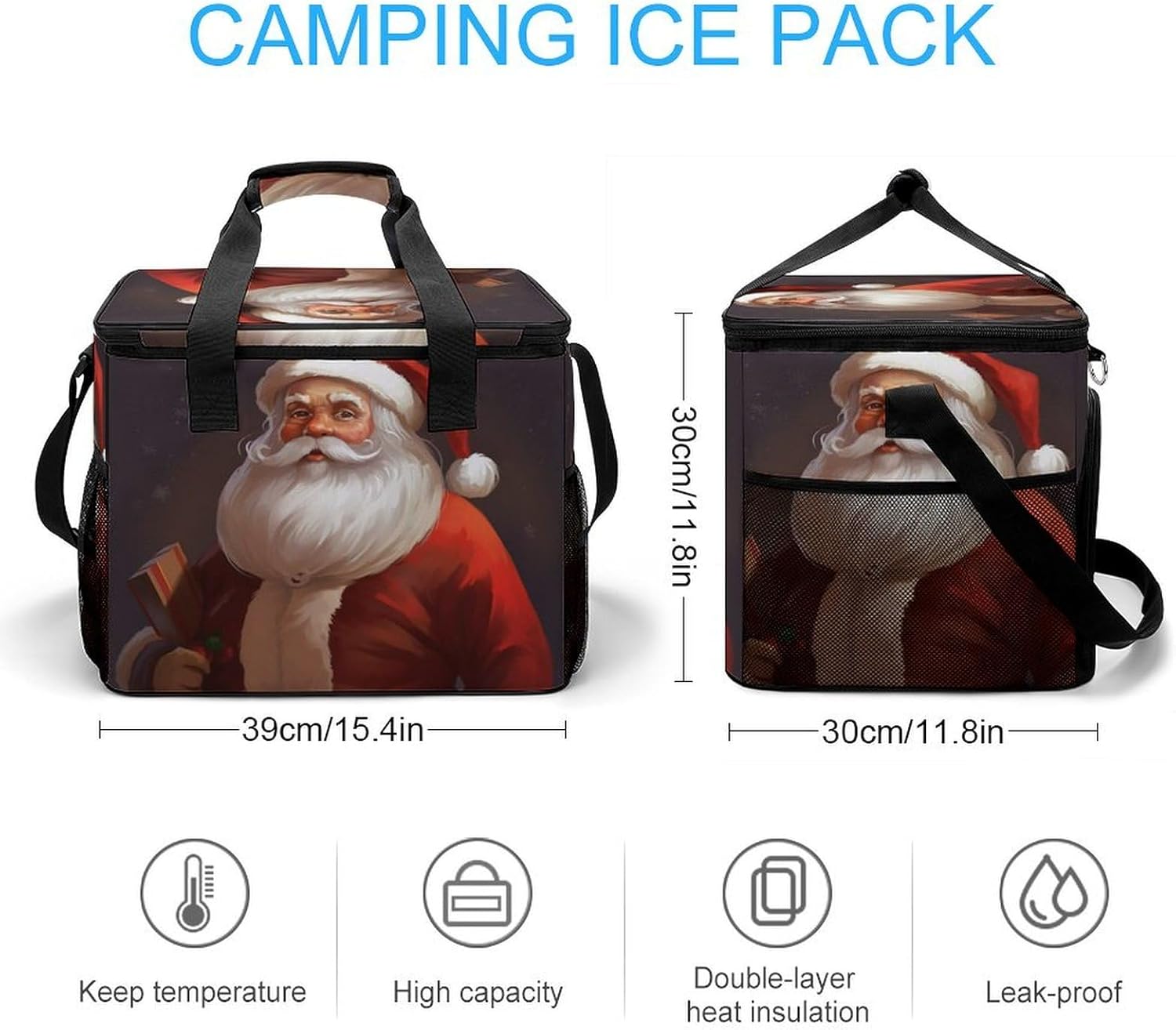 Large Capacity Oxford Cloth Santa Claus Printed Camping Ice Bag, Outdoor Portable Insulation and Cooling Bag, Suitable for Outdoor Camping and Picnics
