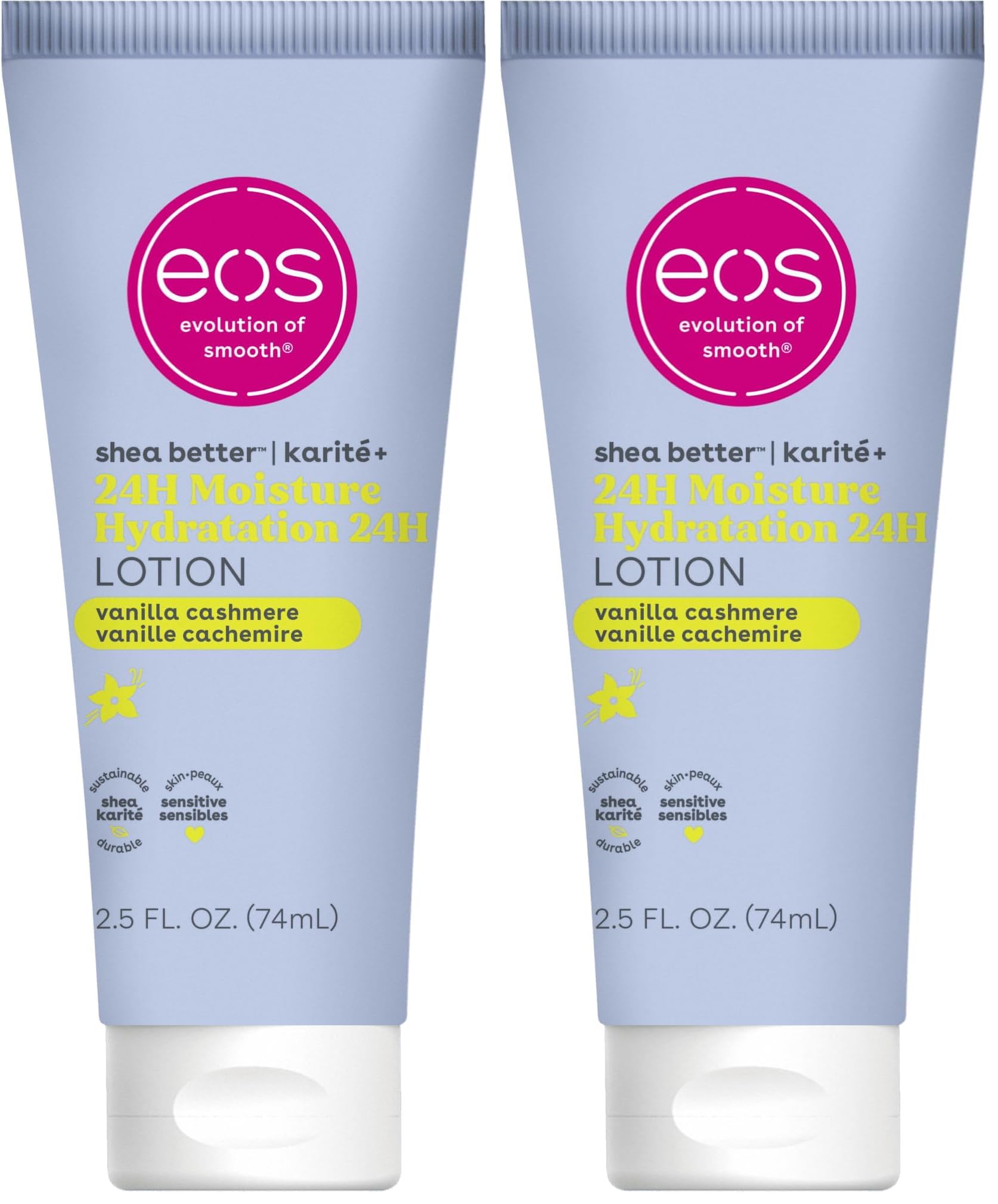 eos 24H Moisture Travel Body Lotion- Vanilla Cashmere, Travel Size Essential, Toiletries, Mini Body Lotion For Dry Skin, 2.5 fl oz (Pack of 2)
