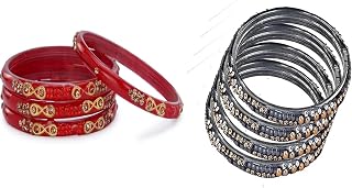 1st Time Colorful Glass Bangle Combo | Classic Chudi Set For Women & Girls | Everyday & Festive, Pack Of 8, Red, Grey Price In India