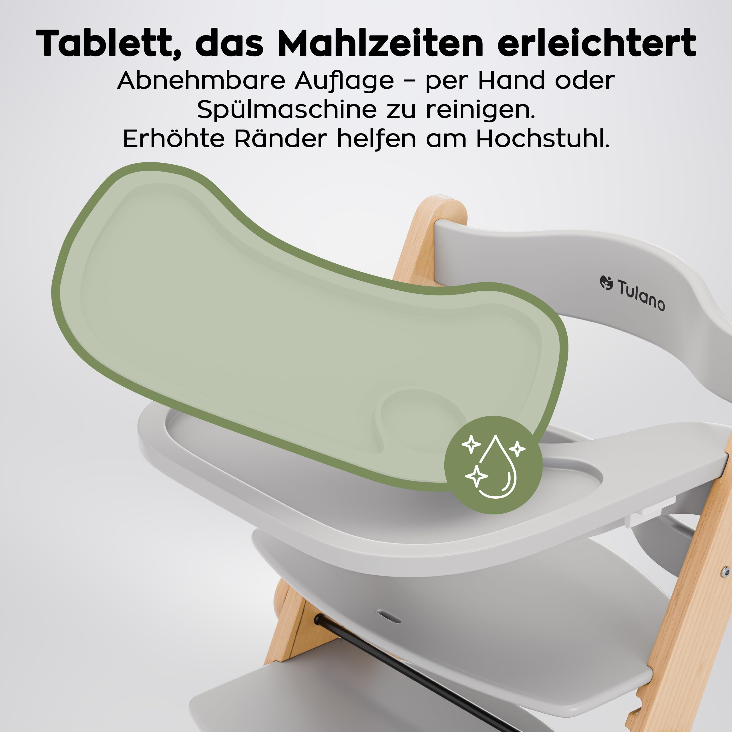 Tulano Morsel 45 Babyhochstuhl 4in1 aus Holz - Klappbar & mitwachsend | 3-Punkt-Gurt - Schutzbügel - Essbrett spülmaschinenfest - Rutschfeste Füße - 6 Monate bis 12 Jahre - Bis 40 kg - Grau
