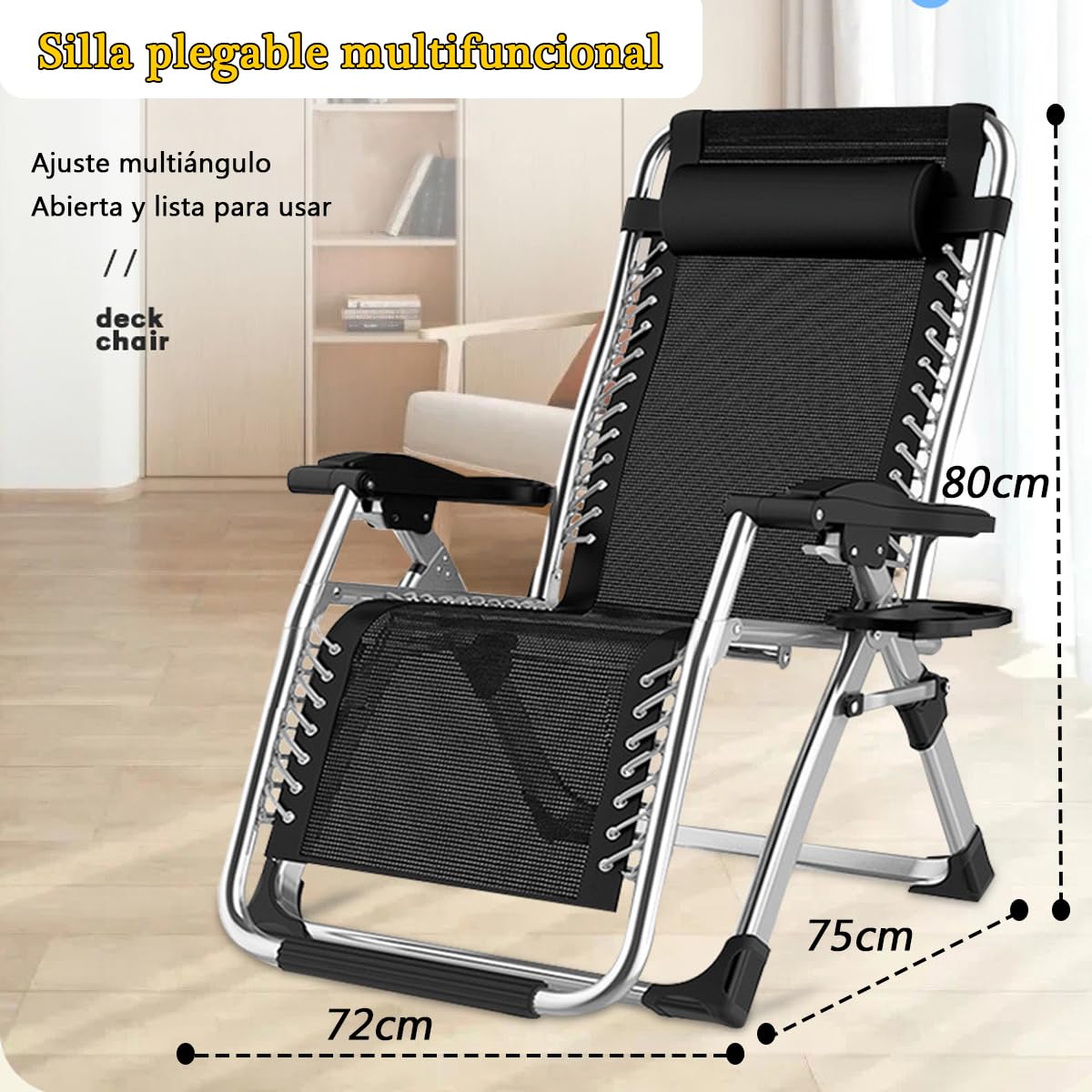 Tumbona Plegable Interior, Tumbonas Jardin Exterior Acolchada Pack de 2 Silla Gravedad Cero Reclinable Camping con Soporte para Bebidas Carga MáXima 200kg (Cojín Negro)
