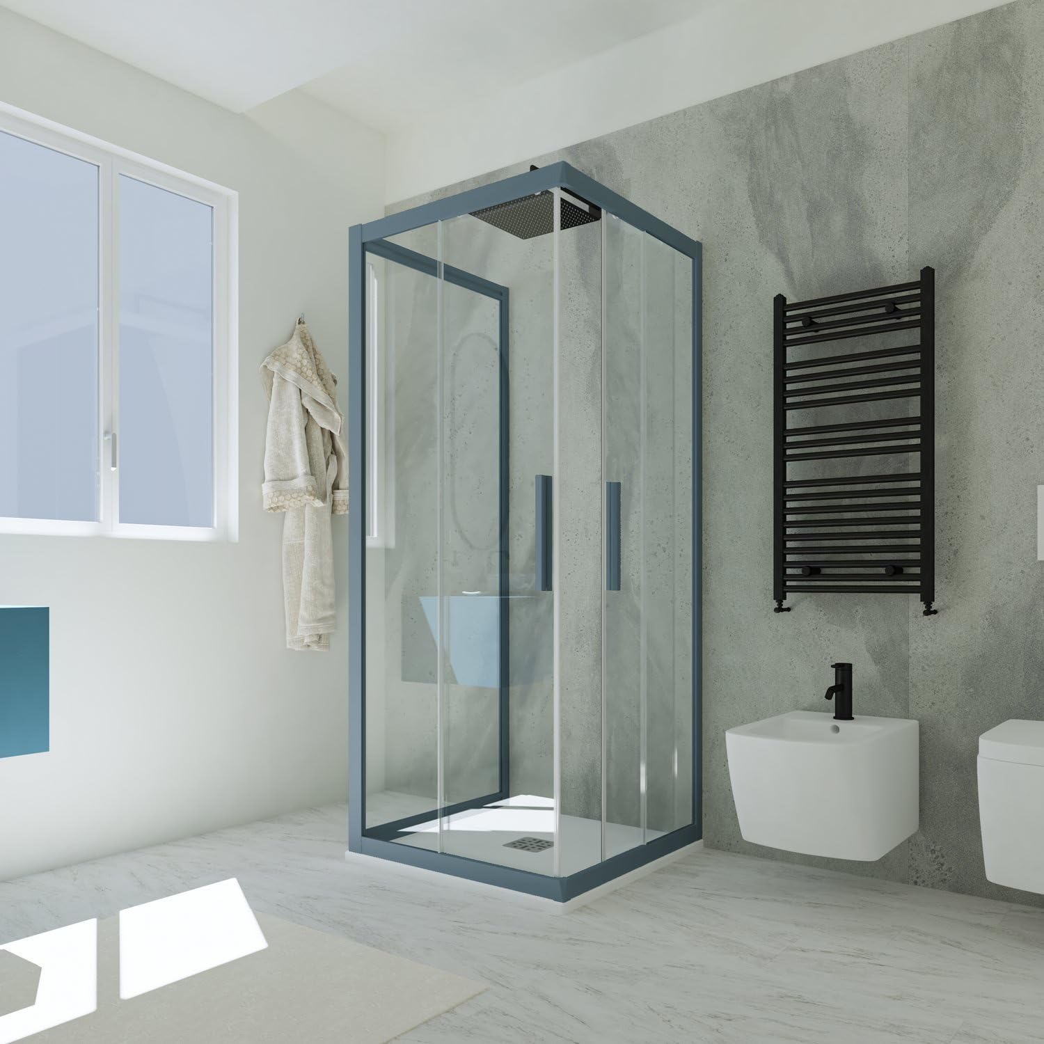 Box doccia 3 lati scorrevole 80x80x80 CM H 200 Vetro Trasparente Profilo Blu Navy mod. Kolors Trio