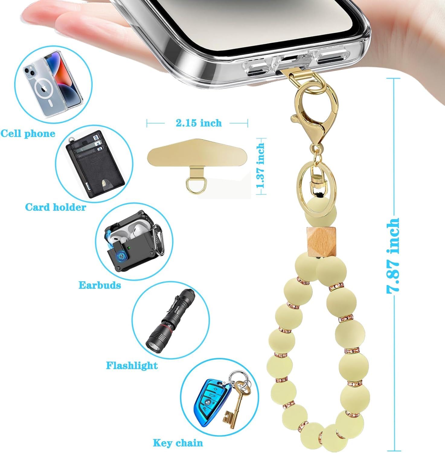 Silicone Beaded Phone Wrist Strap, Phone Bracelet Strap with Tether Tab Elastic Hands Free Wristlet Strap - Image 5