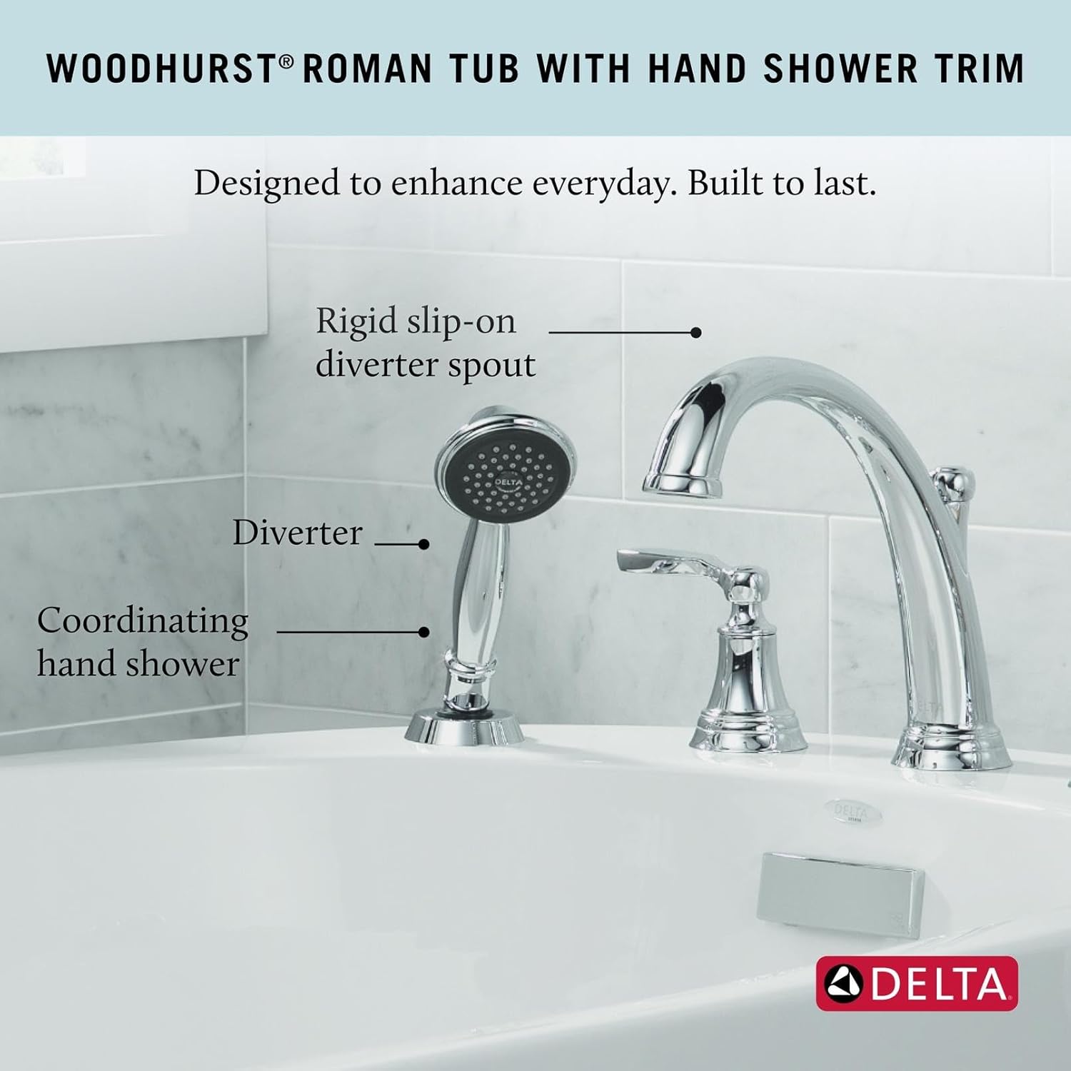 Delta Woodhurst Roman Tub Faucet with Hand Shower, Chrome Deck Mount Bathtub Faucet, Chrome T4732 (Valve sold separately)