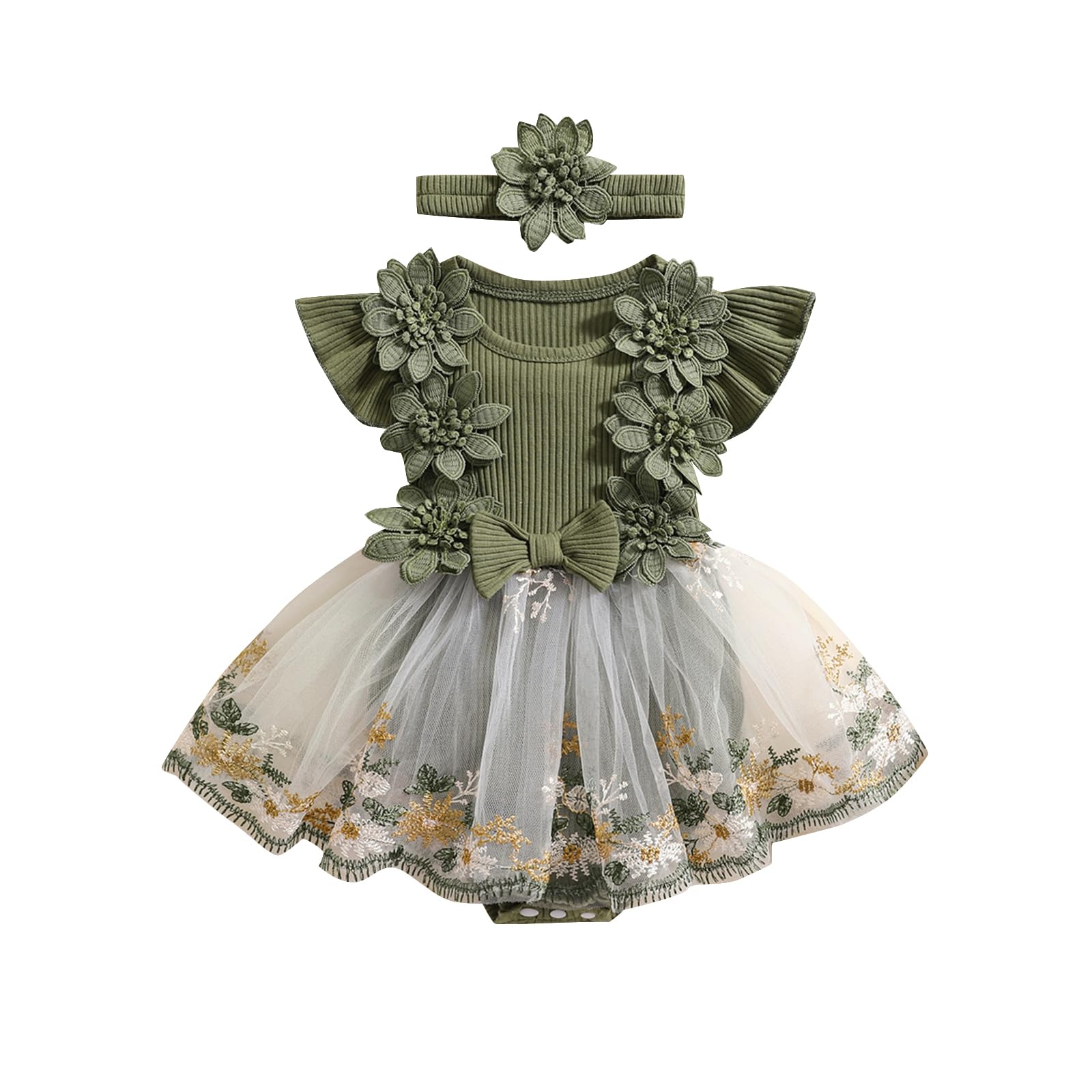 Baby Girl Dress Romper Baby Romper Dress Flowers Embroidery Tulle Skirt Infant Girl Summer Clothes with Headband (Green, 0-3 Months)