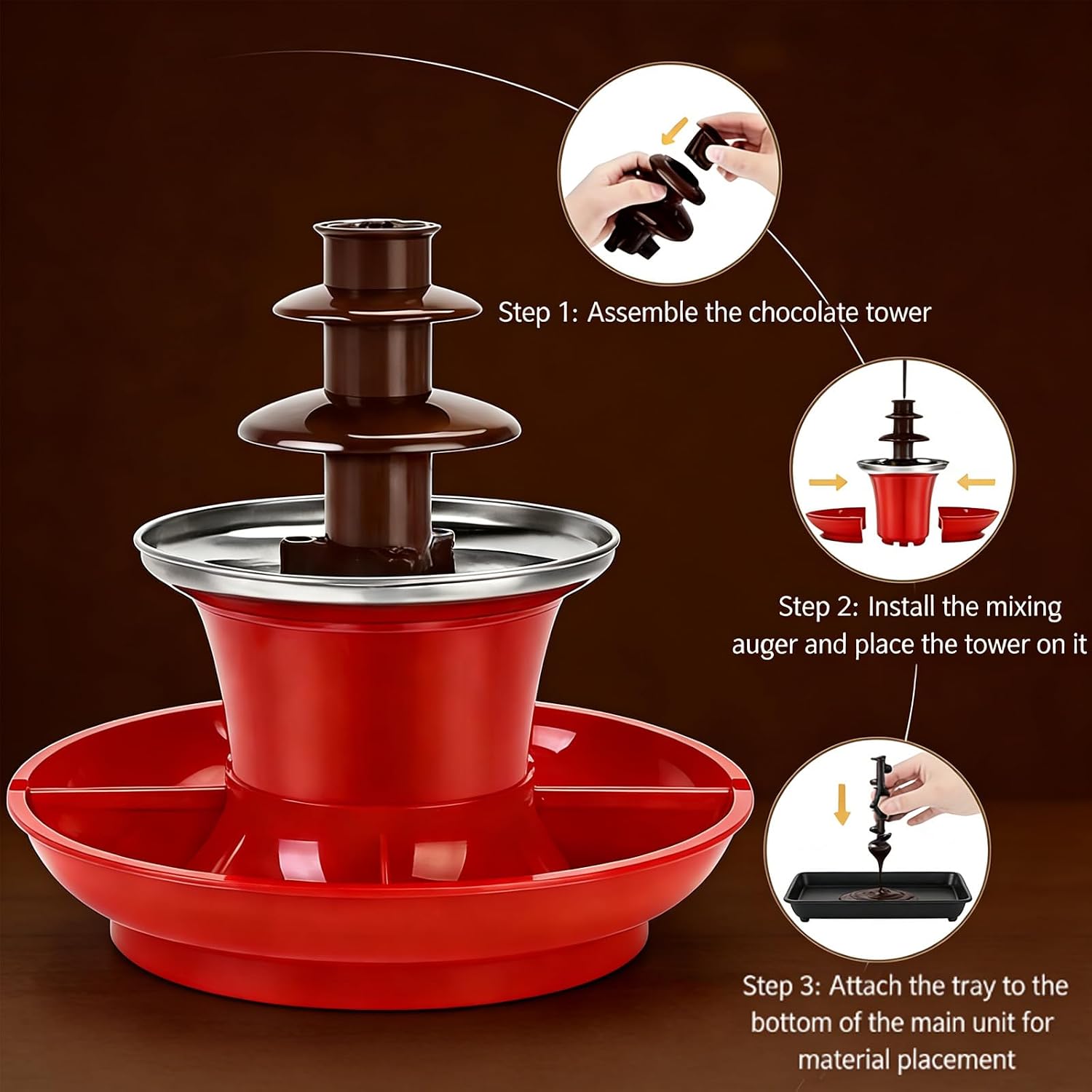 Mini Chocolate Fountain Machine, 3-Tier Portable Fondue Set with Tray & Forks, Electric Chocolate Fountain for Parties, Dipping Fruits Nuts Candy(Brown) image 3