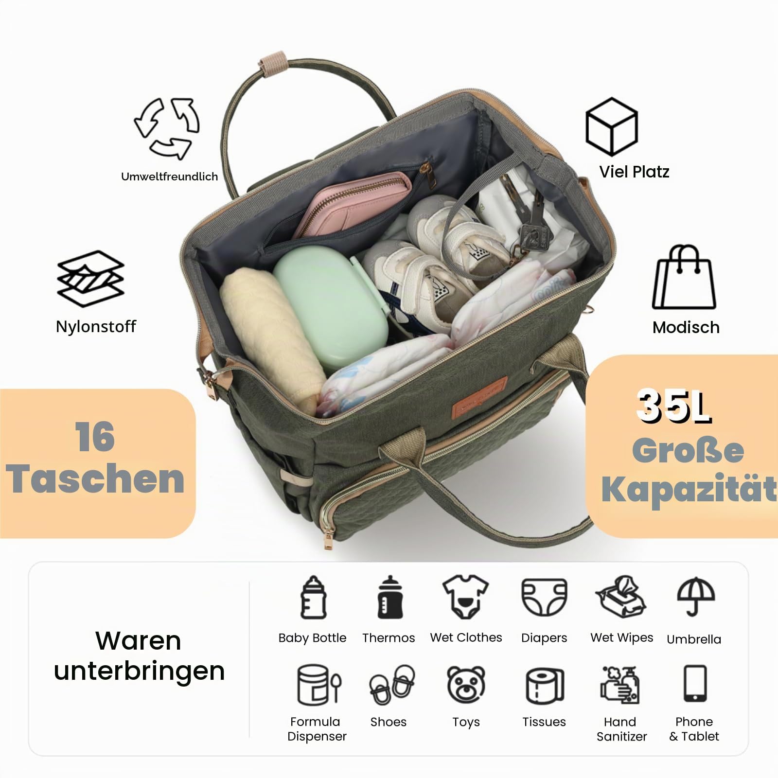 ROSEGIN Wickelrucksack Groß - Baby Wickeltasche Rucksack Wasserdicht & Leicht mit Wickelunterlage, Schnullertasche & Kinderwagenhaken - Diaper Bag Babytasche für Mama & Papa