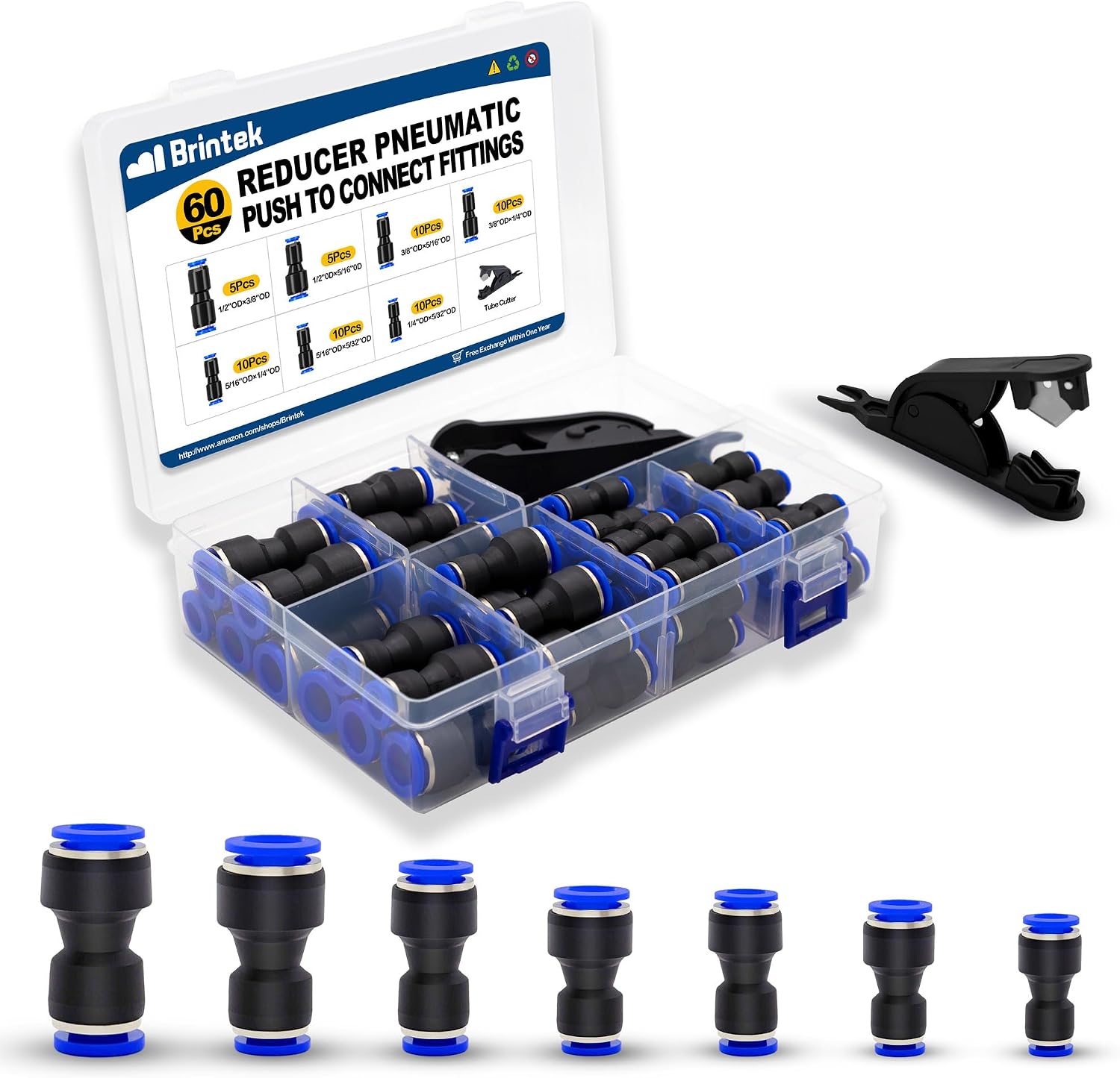 60PCS Quick Connect Reducer Air Fitting 4/6/8/10/12mm Kit | 5/32"-1/4"-5/16"-3/8"-1/2" Reducing Pneumatic Push to Connect Hose Fitting, With Tube Cutter