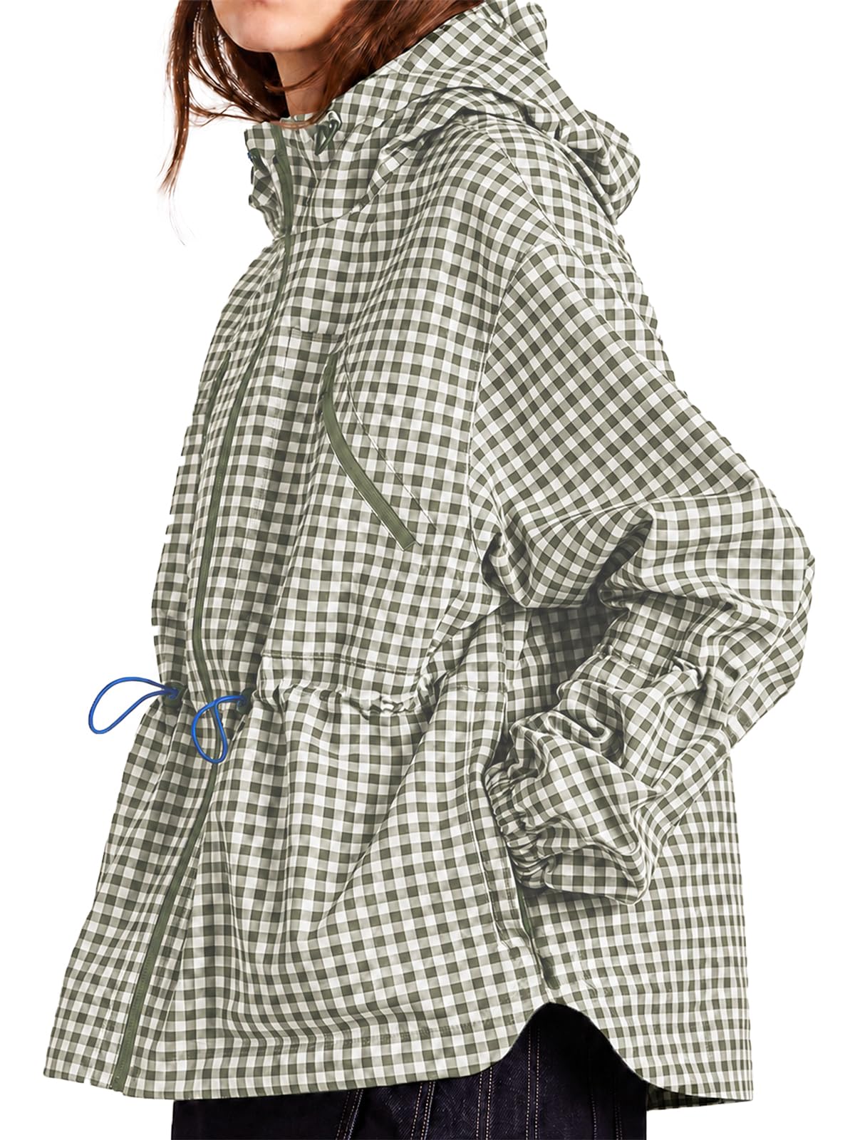 Fisoew Womens Rain Jacket Waterproof Plaid Raincoat Hooded Windbreaker | Oversized Lightweight Jacket, Drawstring Waist, Decorative Chest Zipper, Two Side Pockets, Casual Travel Hiking Outdoor Coats