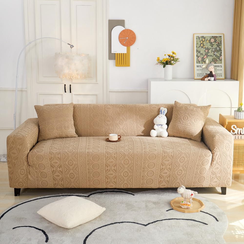 Housse canape extensible jacquard kaki - 3 places 190-230cm