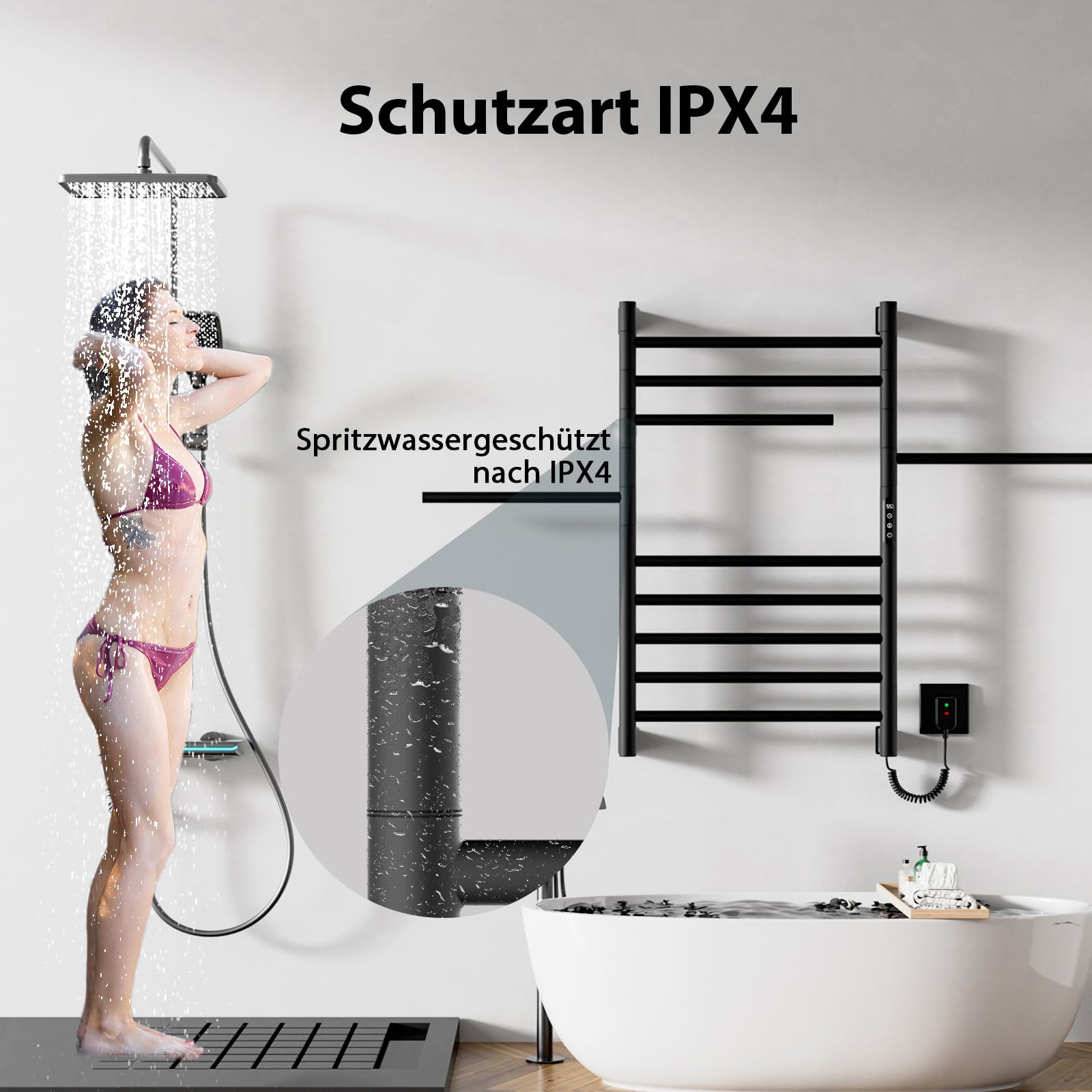 Handtuchheizkörper, Badheizkörper Elektrisch, Bad Handtuchtrockner Elektrisch, 850×520 Mm, 180° Drehbare Stange, Thermostat, Heizstab 250W, Handtuchhalter, Bad Heizkörper. (Schwarz)