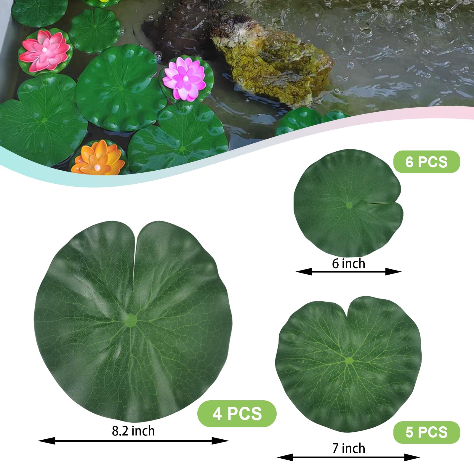 SHEHARUHI 15 Pieces Realistic Lotus Leaves in 3 Varieties for Decoration, Artificial Lily Pads for Ponds, Patios, Koi Fish Ponds, Pools and Aquariums