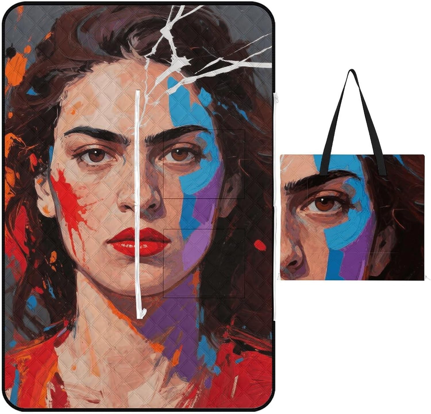 Abstract Women Picnic Blanket 150x150cm, Foldable 2-in-1 Picnic Mat and Tote Bag Portable Waterproof Beach Mat Sandproof Outdoor Blanket for Park, Hiking, Beach, Camping, Travel