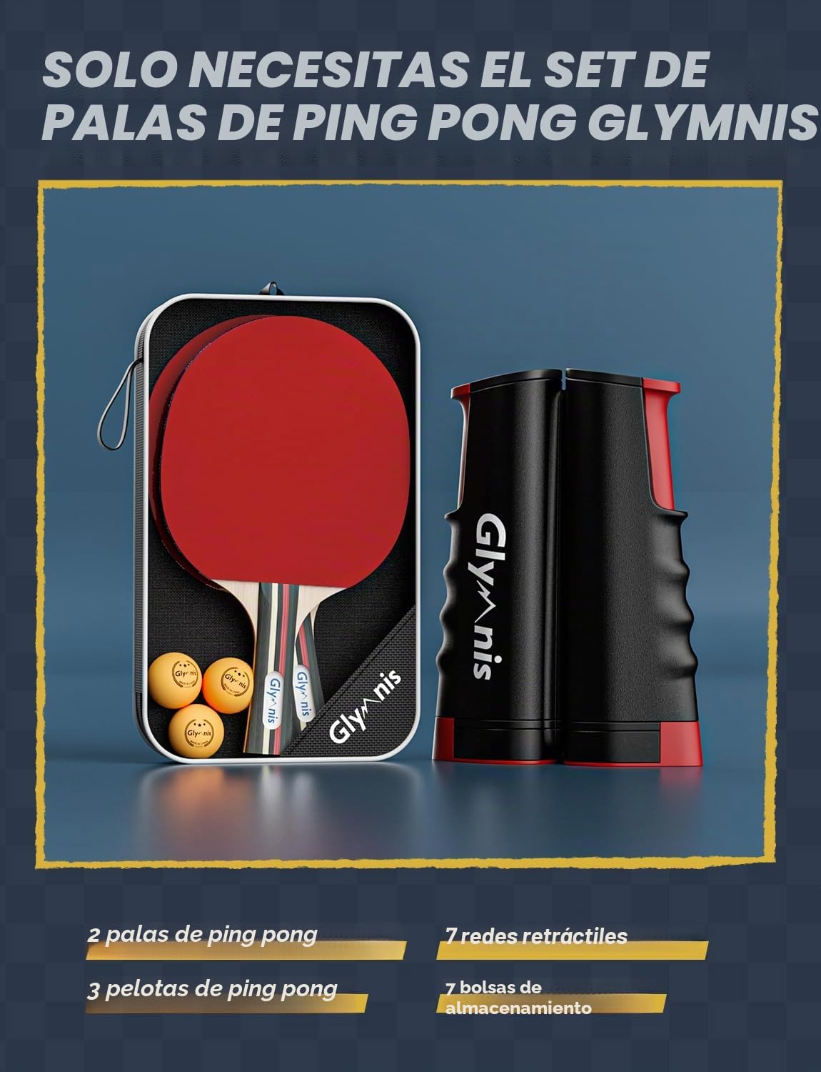 Glymnis Juego de Tenis de Mesa portátil con Red retráctil, Bates y Pelotas de Ping Pong de 3 Estrellas, Bolsa de Almacenamiento, Kit Todo en uno Premium