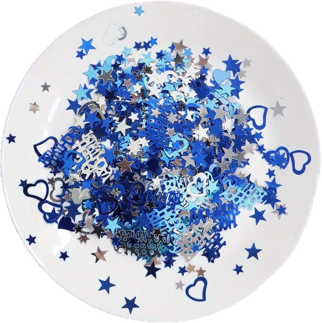 Blue and Silver Happy Birthday Confetti 1200 Pcs Heart Star Shape Glitter for Party Decorations PVC Shimmering Happy Birthday Table Decoration Confetti