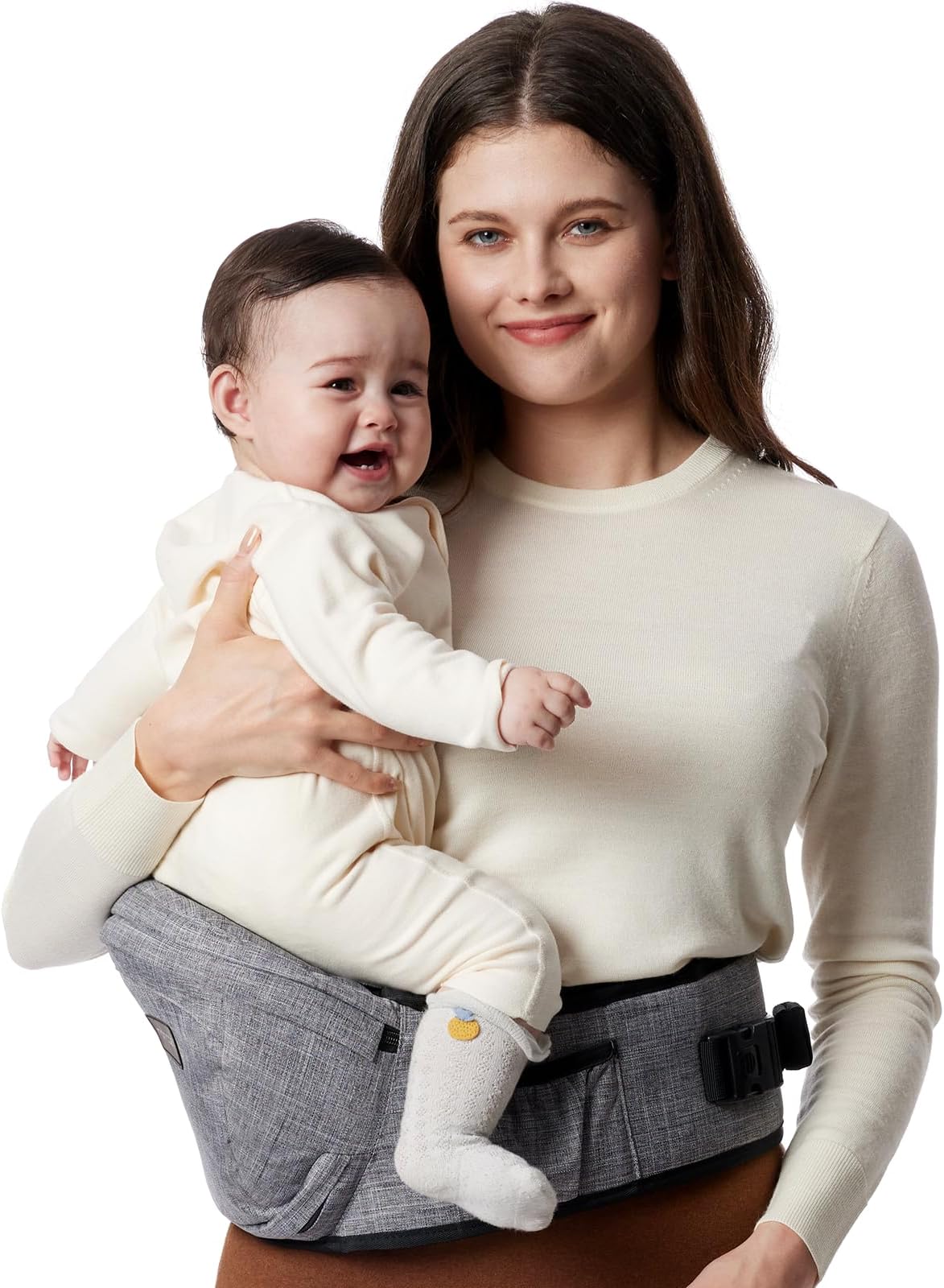 Momcozy Hip Seat Baby Carrier - Adjustable Waistband with Original 3D Belly Protector, Ergonomic Carrier with Various Pockets for Newborns & Toddlers up to 45lbs (Grey, Medium)