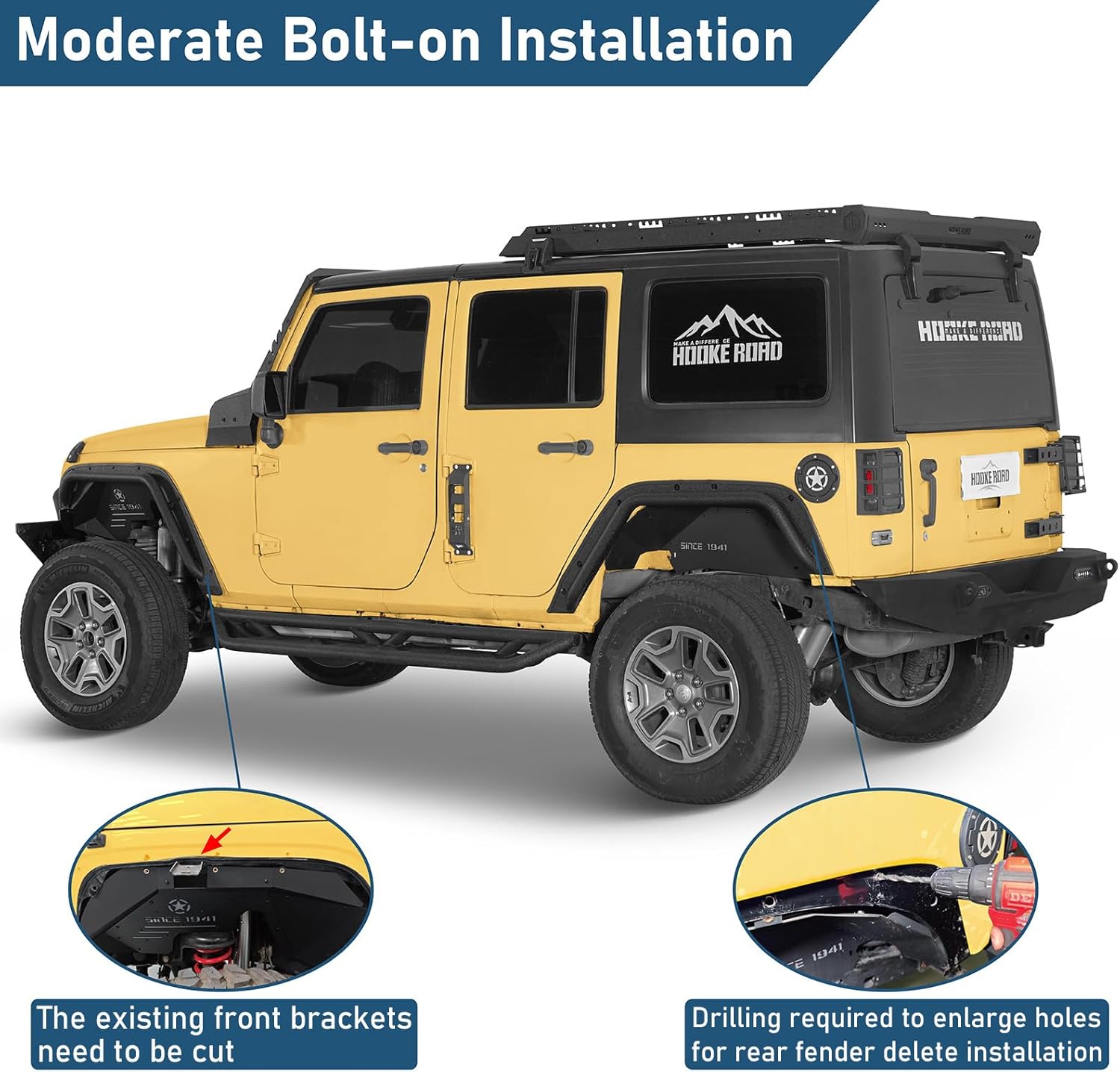 Hooke Road JK Fender Flares Delete Kit for 2007-2018 Jeep Wrangler JK JKU Unlimited 2/4 Doors, 4 PCS Front and Rear Fenders Removal Gap Cover Wheel Trim