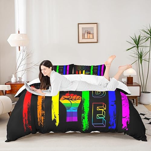 American Flag Bedding Set King Size,Boys Girls Rainbow Stripes Duvet Cover with 2 Pillowcases,Pride for Love Theme Comforter Cover for Teens Adults Woman Man Room Decor,Black Watercolor Quilt Cover