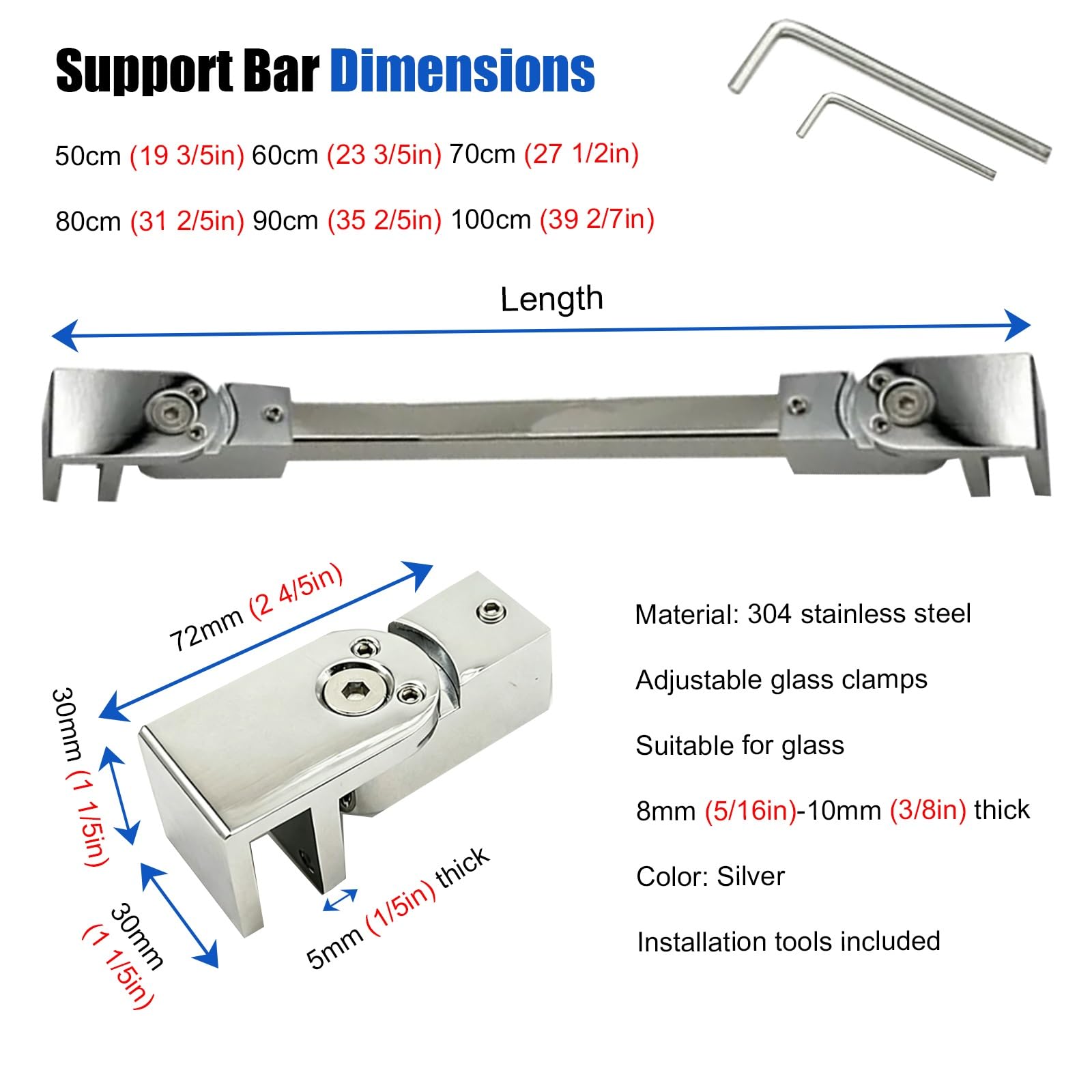 Barra de Soporte de Acero Inoxidable con Doble Abrazadera para mampara de Ducha - Brazo estabilizador para baño, Compatible con Paneles de 5/16" y 3/8", Soportes duraderos con Almohadillas d