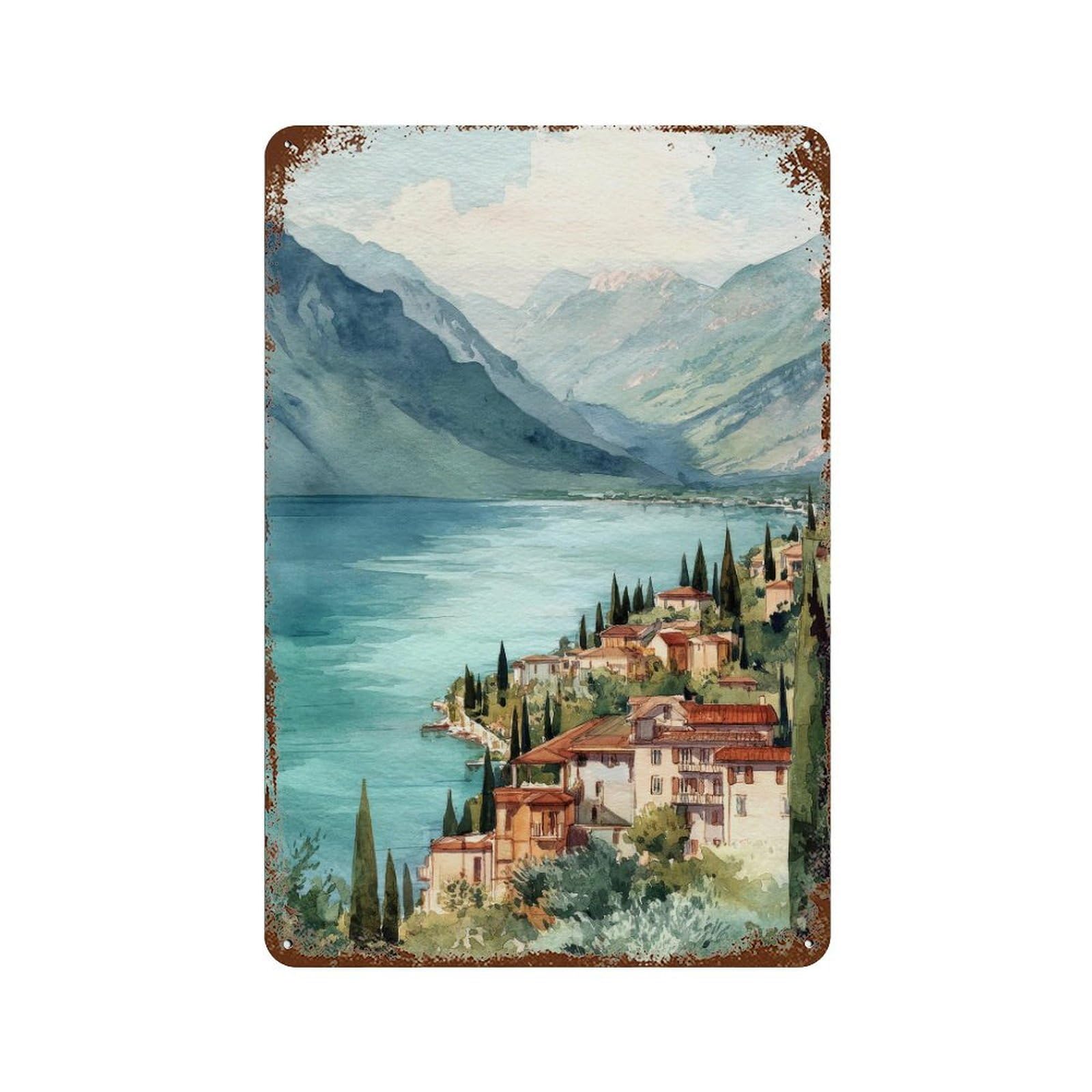 xiaoxiaoshen Lake Garda Italy Watercolor Travel Italian Coastal Landscape Wall Decor Art Metal Tin Poster Modern Home Decor Art Home Bar Shop Decorations Vintage Sign 30x20cm