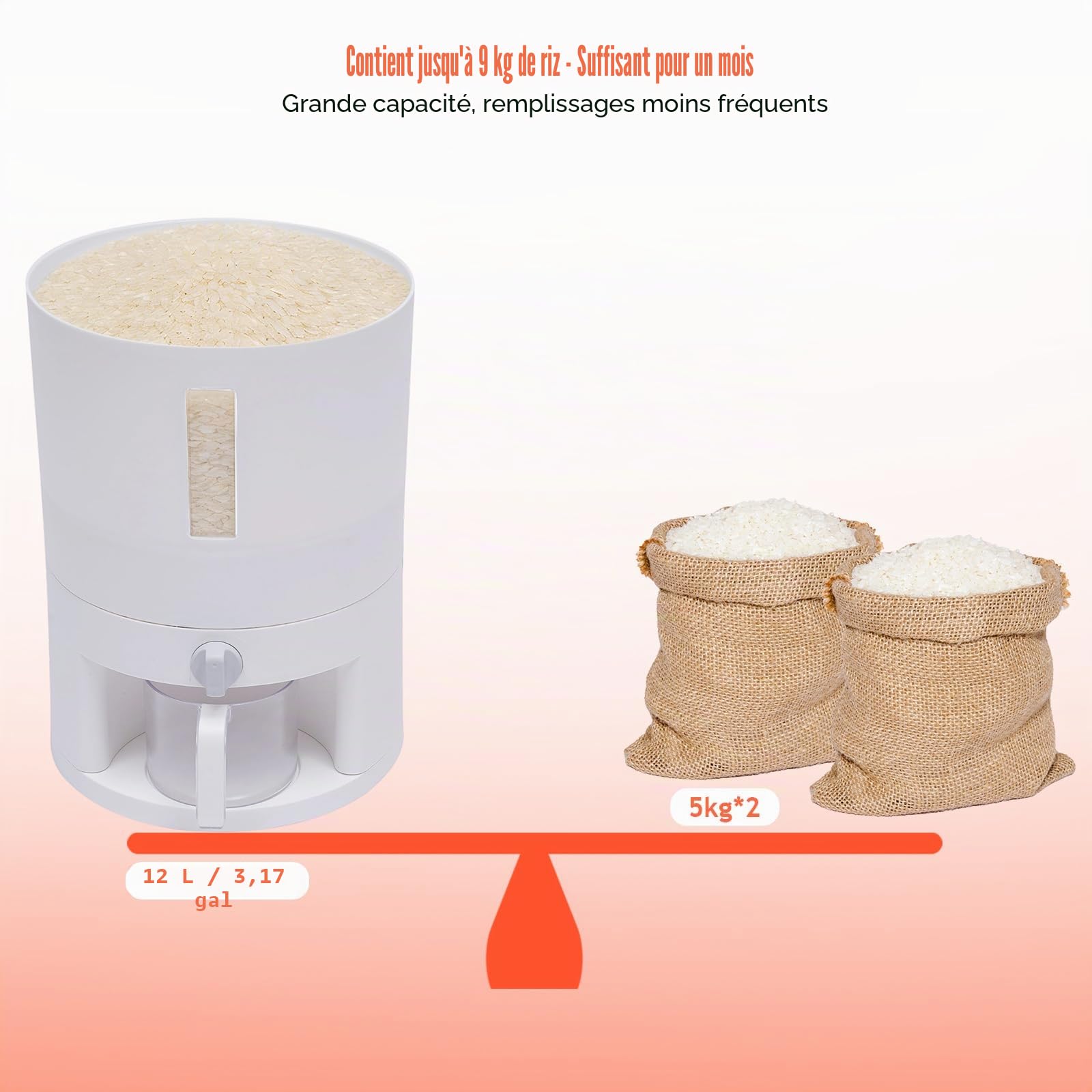 Distributeur de Riz 6 kg – Récipient de Stockage Alimentaire avec Fenêtre Transparente et Doseur Gradué, Hermétique, pour Riz Noir, Riz Jaune et Céréales