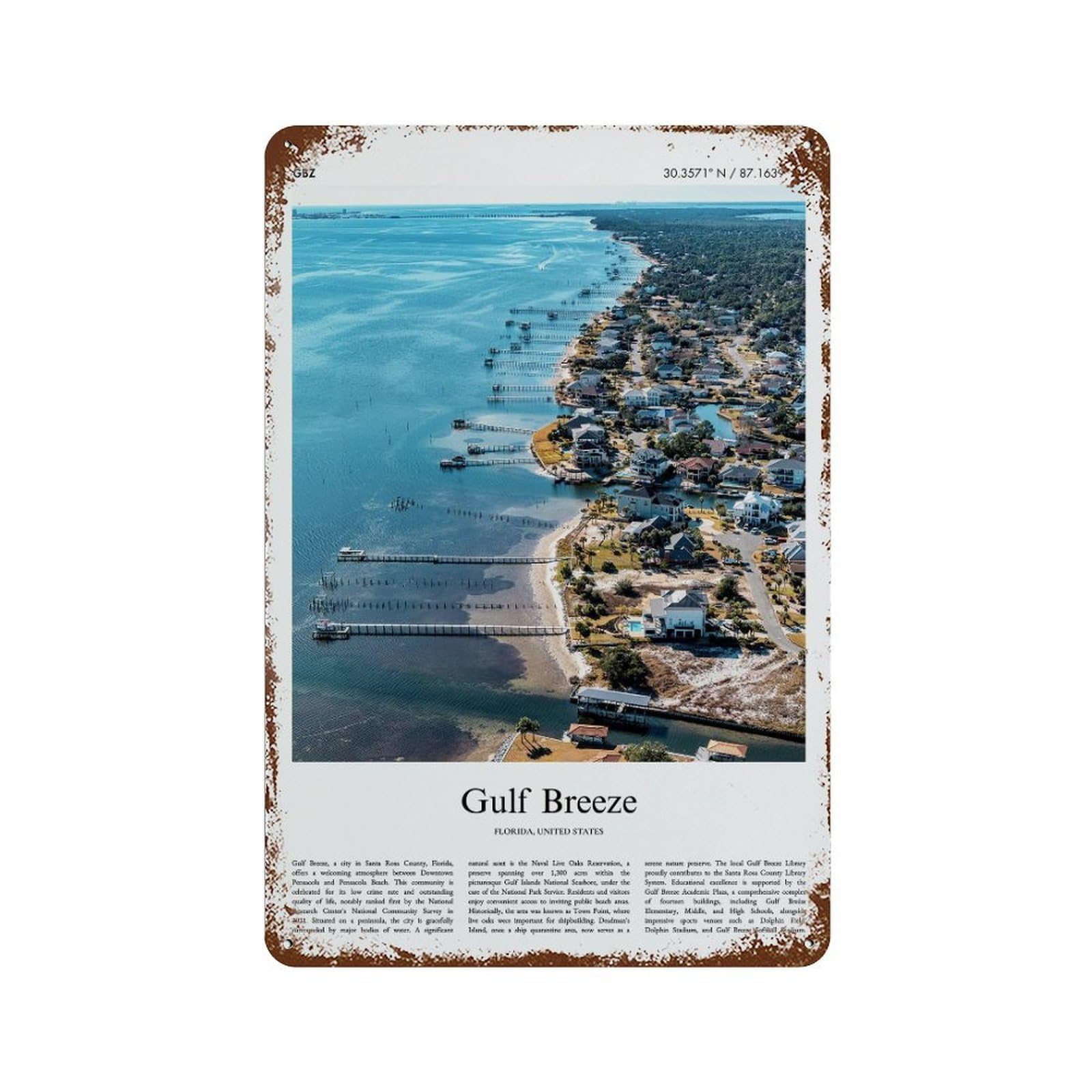 xiaoxiaoshen Gulf Breeze Florida City Scenery Wall Decor Art Metal Tin Poster Modern Home Decor Art Home Bar Shop Decorations Vintage Sign 30x20cm