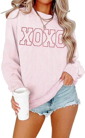 MNLYBABY Womens Waffle Knit Sweatshirt Love Heart Shirts Casual Crewneck Lightweight Long Sleeve Top